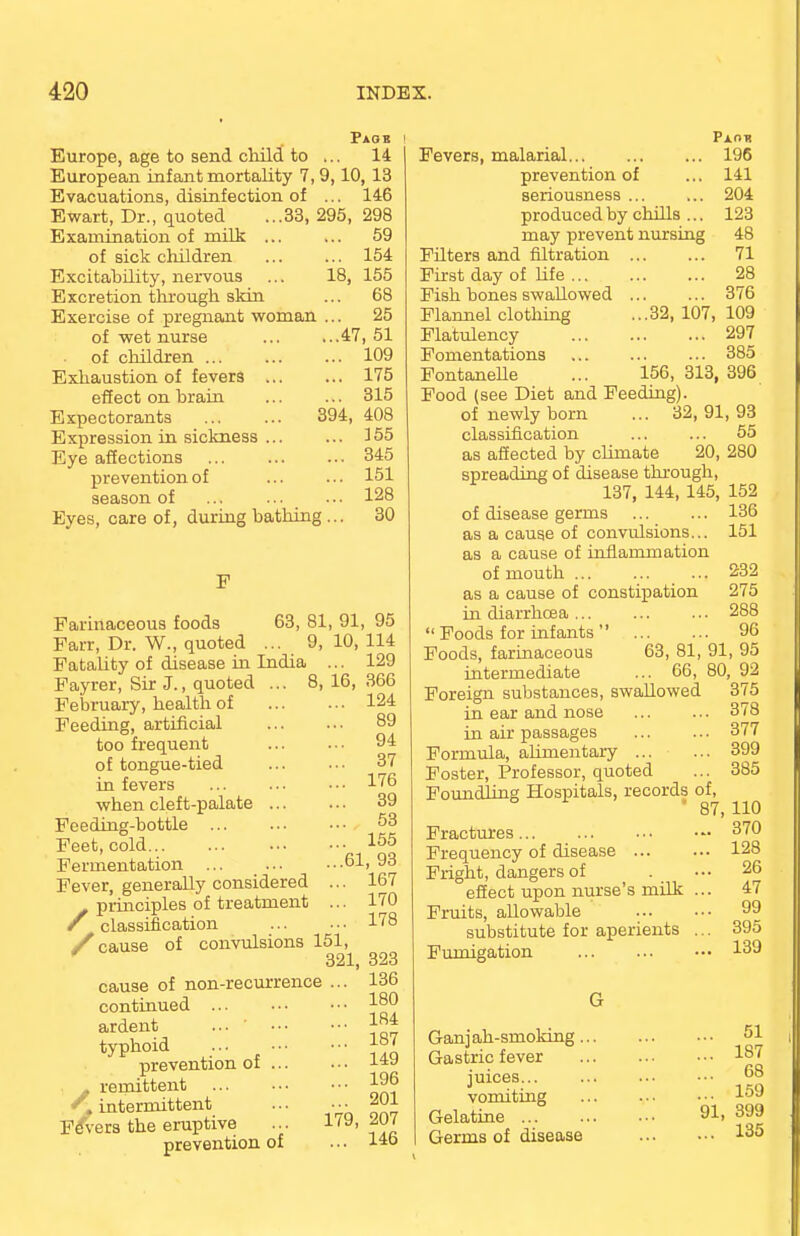 Page Europe, age to send child to ... 14 European infant mortality 7,9,10, 13 Evacuations, disinfection of ... 146 Ewart, Dr., quoted ...33, 295, 298 Examination of milk ... ... 59 of sick children 154 Excitability, nervous ... 18, 155 Excretion through skin ... 68 Exercise of pregnant woman ... 25 of wet nurse ... ...47, 51 . of children 109 Exhaustion of fevers ... ... 175 effect on brain ... ... 315 Expectorants 394, 408 Expression in sickness ... ... 355 Eye affections 345 prevention of ... ... 151 season of 128 Eyes, care of, during bathing ... 30 Farinaceous foods 63, 81, 91, 95 Farr, Dr. W., quoted ... 9,10,114 Fatality of disease in India ... 129 Fayrer, Sir J., quoted ... 8, 16, 366 February, health of 124 Feeding, artificial 89 too frequent 94 of tongue-tied ... ... 37 in fevers ... ... ••• 176 when cleft-palate 39 Feeding-bottle 53 Feet, cold I55 Fermentation ... ... ...61, 93 Fever, generally considered ... 167 - principles of treatment ... 170 / classification 178 / cause of convulsions 151, 321, 323 cause of non-recurrence ... 136 continued I80 ardent ... typhoid ... 187 prevention 01 J-*-* - remittent 196 '.intermittent • ^01 Fevers the eruptive ... 179, 207 prevention of ... 14o Paoh Fevers, malarial 196 prevention of ... 141 seriousness ... ... 204 produced by chills ... 123 may prevent nursing 48 Filters and filtration 71 First day of life 28 Fish bones swallowed 376 Flannel clothing ...32, 107, 109 Flatulency 297 Fomentations 385 Fontanelle ... 156, 313, 396 Food (see Diet and Feeding). of newly born ... 32,91,93 classification 55 as affected by climate 20, 280 spreading of disease through, 137, 144, 145, 152 of disease germs 136 as a cause of convulsions... 151 as a cause of inflammation of mouth ... 232 as a cause of constipation 275 in diarrhoea ... 288 Foods for infants 96 Foods, farinaceous 63, 81, 91, 95 intermediate ... 66, 80, 92 Foreign substances, swallowed 375 in ear and nose 378 in air passages ... ... 377 Formula, alimentary 399 Foster, Professor, quoted ... 385 Foundling Hospitals, records of, ' 87,110 Fractures 370 Frequency of disease ... ... 128 Fright, dangers of . ••• 26 effect upon nurse's milk ... 47 Fruits, allowable 99 substitute for aperients ... 395 Fumigation ••• 139 Ganjah-smoking.. Gastric fever juices... vomiting Gelatine Germs of disease ... 51 ... 187 ... 68 ... 159 91, 399 ... 135