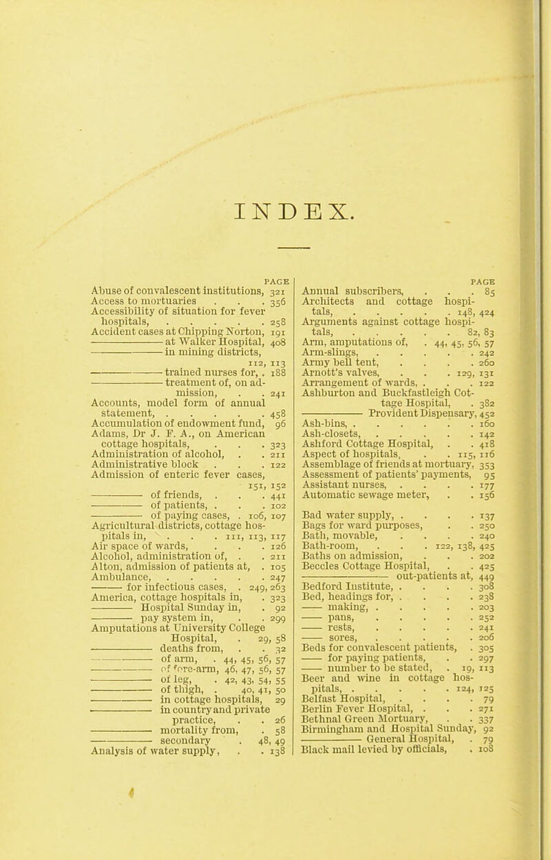 INDEX PAGE Abuse of convalescent institutions, 321 Access to mortuaries . . . 356 Accessibility of situation for fever hospitals, 258 Accident cases at Chipping Norton, 191 at Walker Hospital, 408 in mining districts, 112, 113 trained nurses for, . 188 treatment of, on ad- mission, . . 241 Accounts, model form of annual statement, 458 Accumulation of endowment fund, 96 Adams, Hr J. F. A., on American cottage hospitals, . . . 323 Administration of alcohol, . . 211 Administrative block . . . 122 Admission of enteric fever cases, 151. IS2 of friends, . . . 441 of patients, . . . 102 of paying cases, . 106, 107 Agricultural districts, cottage hos- pitals in, hi, 113, X17 Air space of wards, . . . 126 Alcohol, administration of, . . 211 Alton, admission of patients at, . 105 Ambulance, 247 for infectious cases, . 249,263 America, cottage hospitals in, . 323 Hospital Sunday in, . 92 pay system in, . . 299 Amputations at University College Hospital, . 29, 5S deaths from, . . 32 of arm, . 44, 45, 56, 57 of rore-arm, 46, 47, 56, 57 of leg, . 42, 43, 54, ss of thigh, . 40, 41, 50 in cottage hospitals, 29 in country and private practice, . . 26 mortality from, . 58 secondary . 48,49 Analysis of water supply, . . 138 PAGE Annual subscribers, . . .85 Architects and cottage hospi- tals, 148, 424 Arguments against cottage hospi- tals, 82, 83 Arm, amputations of, . 44, 45, 56, 57 Arm-slings, 242 Army bell tent, .... 260 Arnott’s valves, . . . 129, 131 Arrangement of wards, . . . 122 Ashburton and Buckfastleigh Cot- tage Hospital, . 382 Provident Dispensary, 452 Ash-bins, . . . . . .160 Ash-closets, 142 Ashford Cottage Hospital, . . 418 Aspect of hospitals, . . 115, 116 Assemblage of friends at mortuary, 353 Assessment of patients’ payments, 95 Assistant nurses, . . . .177 Automatic sewage meter, . . 156 Bad water supply, . Bags for ward pur-poses, Bath, movable. Bath-room, Baths on admission, Beccles Cottage Hospital, • 137 • 250 . . 240 122, 138, 425 . . 202 • • 425 out-patients at, 449 Bedford Institute, .... 30S Bed, headings for, .... 238 making, 203 pans, 252 rests, 241 sores, 206 Beds for convalescent patients, . 305 for payiug patients, . . 297 number to be stated, . 19, 113 Beer and wine in cottage hos- pitals, 124, 125 Belfast Hospital, . . . .79 Berlin Fever Hospital, . . .271 Bethnal Green Mortuary, . . 337 Birmingham and Hospital Sunday, 92 General Hospital, . 79 Black mail levied by officials, . 108 4