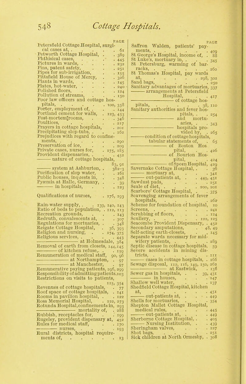 PAGE Petersfield Cottage Hospital, surgi- cal cases at, . Petworth Cottage Hospital, Phthisical cases, Pictures in wards, . Pins, patent safety, Pipes for sub-irrigation, Pittsfield House of Mercy, Plants in wards, Plates, hot-water, . Polished floors, Pollution of streams, Poor law officers and cottage hos- 61 389 445 232 251 155 326 145 240 124 150 100, 358 144 123. 453 346 217 201 162 pitals, Porter, employment of, . Portland cement for walls Post-mortem|rooms, Poultices, . . , Prayers in cottage hospitals, Precipitating slop-tubs, . Prejudices with regard to confine- ments, 290 Preservation of ice, . . . 209 Private cases, nurses for, . 175, 185 Provident dispensaries, . . . 452 nature of cottage hospitals, 83. 91 • system at Ashburton, Purification of slop water, Public houses, inquests in, Pytcmia at Halle, Germany, in hospitals, Qualifications of nurses. 382-3 l6l 348 39 - 123 - 176, 193 Rain-water supply, . . 139, 140, 143 Ratio of beds to population, . 112, 113 Recreation grounds, . . .143 Redruth, convalescents at, . . 307 Regulations for mortuaries, . . 348 Reigate Cottage Hospital, . 36, 393 Religion and nursing, . .174, 37s Religious services, .... 443 at Holmesdale, 384 Removal of earth from closets, 144,145 of kitchen refuse,. . . 159 Remuneration of medical staff, 90, 96 at Northampton, . 97 at Manchester, . 97 Remunerative paying patients, 296, 299 Responsibility of admitting patients, 103 Restrictions on visits to patients, ii5> 354 Revenues of cottage hospitals, . 77 Roof space of cottage hospitals, . 141 Rooms in pavilion hospital, . . 122 Ross Memorial Hospital, . 122, 273 Rotunda Hospital,confinements in, 293 mortality of, . 288 Rubbish, receptacles for, . . 199 Rugeley, provident dispensary at, 452 Rules for medical staff, . .170 nurses, . . . -193 Rural districts, hospital require- ments of Saffron Walden, patients’ pay- ments, 409 St George's Hospital, income of, . 88 St Luke’s, mortuary in; . . . 345 St Petersburg, warming of bar- racks 260 St Thomas’s Hospital, pay wards at, 298, 302 Sand bags, 250 Sanitary advantages of mortuaries, 337 arrangements at Petersfield Hospital, . . 417 of cottage hos- pitals, ..... 38, no Sanitary authorities and fever hos- pitals, . . 254 and mortu- aries .343 hospitals pro- vided by, . 265 condition of cottage hospitals, tabular statements of, . 65 of Boston Hos pital, . . 426 of Bourton Hos- pital, . . 424 of Speen Hospital, 429 Savernake Cottage Hospital, . . 36 mortuary at, ... 341 out-patients at, . . 449, 451 Sawdust pads, . . . .251 Scale of diet, .... 200, 201 Scarboro’ Cottage Hospital, . . 375 Scavenging arrangements of fever hospitals, 262 Scheme for foundation of hospital, 10 Screens 241 Scrubbing of floors, . . . 124 Scullery 125 Seacombe Provident Dispensary, . 452 Secondary amputations, . 48, 49 Self-acting earth-closets, . . 145 Separate wards necessary for mid- wifery patients 289 Septic disease in cottage hospitals, 59 Severe accidents in mining dis- tricts, hi cases in cottage hospitals, . 166 Sewage disposal, 112, 116, 149, 150, 262 at Eastwick, . 156 Sewer gas in hospitals, . . 39, 431 in houses, . . .147 Shallow well water, . . . 137 Sliedfield Cottage Hospital, kitchen at, 451 out-patients at, . . . 449 Shells for mortuaries, . . . 354 Shepton Mallet Cottage Hospital, medical rules, .... 445 out-patients at, . . . 449 Sherborne Cottage Hospital, . . 405 Nursing Institution, . .439 Slieringham valves, . . .127 Shot bags, 251 Sick children at North Ormesby, . 308