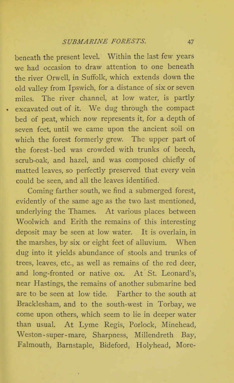 beneath the present level. Within the last few years we had occasion to draw attention to one beneath the river Orwell, in Suffolk, which extends down the old valley from Ipswich, for a distance of six or seven miles. The river channel, at low water, is partly • excavated out of it. We dug through the compact bed of peat, which now represents it, for a depth of seven feet, until we came upon the ancient soil on which the forest formerly grew. The upper part of the forest-bed was crowded with trunks of beech, scrub-oak, and hazel, and was composed chiefly of matted leaves, so perfectly preserved that every vein could be seen, and all the leaves identified. Coming farther south, we find a submerged forest, evidently of the same age as the two last mentioned, underlying the Thames. At various places between Woolwich and Erith the remains of this interesting deposit may be seen at low water. It is overlain, in the marshes, by six or eight feet of alluvium. When dug into it yields abundance of stools and trunks of trees, leaves, etc., as well as remains of the red deer, and long-fronted or native ox. At St. Leonard's, near Hastings, the remains of another submarine bed are to be seen at low tide. Farther to the south at Bracklesham, and to the south-west in Torbay, we come upon others, which seem to lie in deeper water than usual. At Lyme Regis, Porlock, Minehead, Weston-super-mare. Sharpness, Millendreth Bay, Falmouth, Barnstaple, Bideford, Holyhead, More-