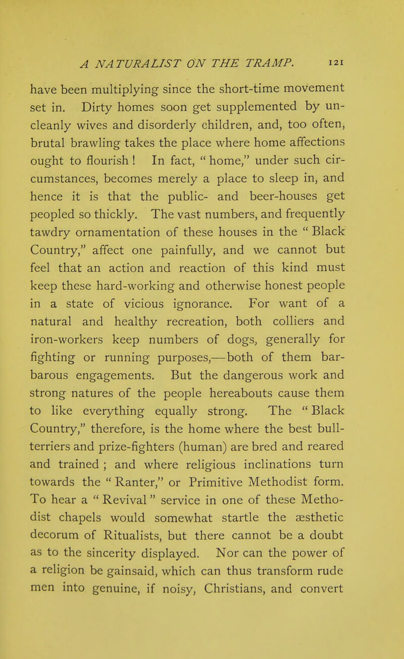 have been multiplying since the short-time movement set in. Dirty homes soon get supplemented by un- cleanly wives and disorderly children, and, too often, brutal brawling takes the place where home affections ought to flourish ! In fact,  home, under such cir- cumstances, becomes merely a place to sleep in, and hence it is that the public- and beer-houses get peopled so thickly. The vast numbers, and frequently tawdry ornamentation of these houses in the  Black Country, affect one painfully, and we cannot but feel that an action and reaction of this kind must keep these hard-working and otherwise honest people in a state of vicious ignorance. For want of a natural and healthy recreation, both colliers and iron-workers keep numbers of dogs, generally for fighting or running purposes,— both of them bar- barous engagements. But the dangerous work and strong natures of the people hereabouts cause them to like everything equally strong. The  Black Country, therefore, is the home where the best bull- terriers and prize-fighters (human) are bred and reared and trained ; and where religious inclinations turn towards the  Ranter, or Primitive Methodist form. To hear a  Revival service in one of these Metho- dist chapels would somewhat startle the JEsthetic decorum of Ritualists, but there cannot be a doubt as to the sincerity displayed. Nor can the power of a religion be gainsaid, which can thus transform rude men into genuine, if noisy. Christians, and convert