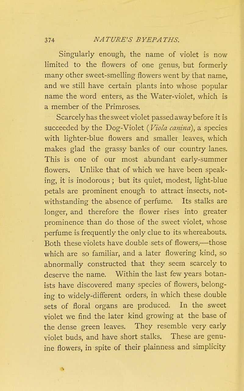 Singularly enough, the name of violet is now limited to the flowers of one genus, but formerly- many other sweet-smelling flowers went by that name, and we still have certain plants into whose popular name the word enters, as the Water-violet, which is a member of the Primroses, Scarcely has the sweet violet passed away before it is succeeded by the Dog-Violet (Viola canind), a species with lighter-blue flowers and smaller leaves, which makes glad the grassy banks of our country lanes. This is one of our most abundant early-summer flowers. Unlike that of which we have been speak- ing, it is inodorous ; but its quiet, modest, light-blue petals are prominent enough to attract insects, not- withstanding the absence of perfume. Its stalks are longer, and therefore the flower rises into greater prominence than do those of the sweet violet, whose perfume is frequently the only clue to its whereabouts. Both these violets have double sets of flowers,—those which are so familiar, and a later flowering kind, so abnormally constructed that they seem scarcely to deserve the name. Within the last few years botan- ists have discovered many species of flowers, belong- ing to widely-different orders, in which these double sets of floral organs are produced. In the sweet violet we find the later kind growing at the base of the dense green leaves. They resemble very early violet buds, and have short stalks. These are genu- ine flowers, in spite of their plainness and simplicity ft