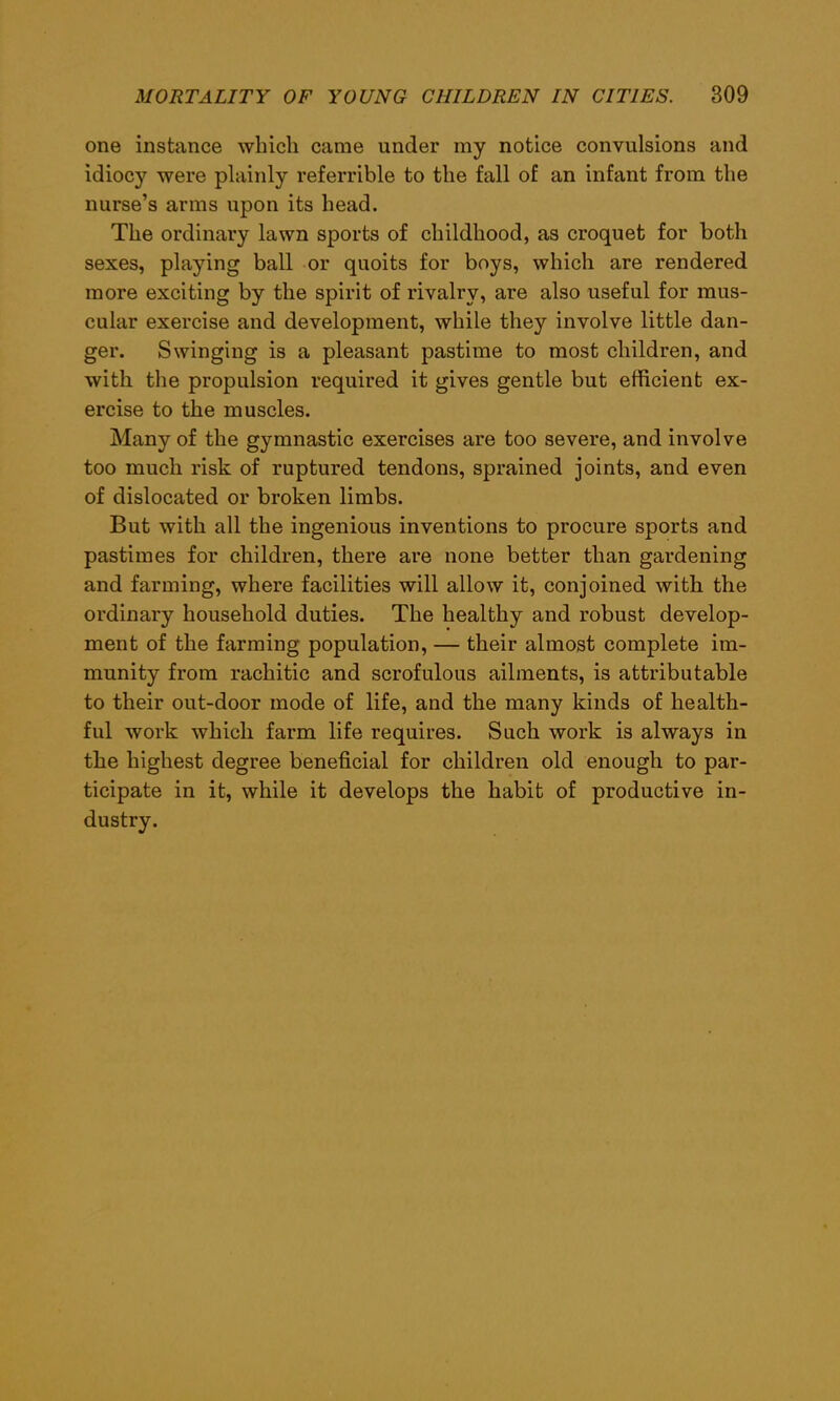 one instance which came under my notice convulsions and idiocy were plainly referrible to the fall of an infant from the nurse’s arms upon its head. The ordinary lawn sports of childhood, as croquet for both sexes, playing ball or quoits for boys, which are rendered more exciting by the spirit of rivalry, are also useful for mus- cular exercise and development, while they involve little dan- ger. Swinging is a pleasant pastime to most children, and with the propulsion required it gives gentle but efficient ex- ercise to the muscles. Many of the gymnastic exercises are too severe, and involve too much risk of ruptured tendons, sprained joints, and even of dislocated or broken limbs. But with all the ingenious inventions to procure sports and pastimes for children, there are none better than gardening and farming, where facilities will allow it, conjoined with the ordinary household duties. The healthy and robust develop- ment of the farming population, — their almost complete im- munity from rachitic and scrofulous ailments, is attributable to their out-door mode of life, and the many kinds of health- ful work which farm life requires. Such work is always in the highest degree beneficial for children old enough to par- ticipate in it, while it develops the habit of productive in- dustry.