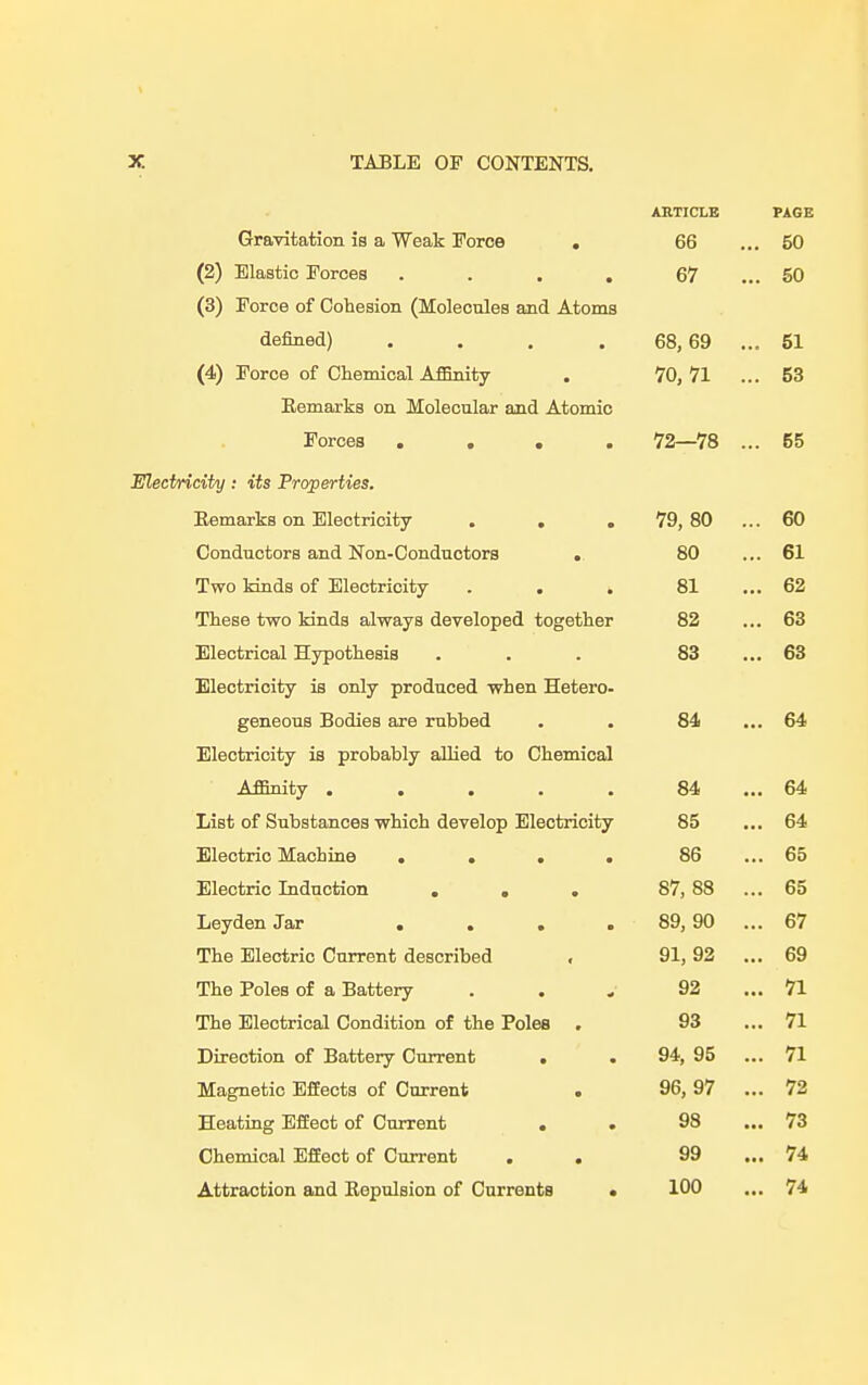 ARTICLE PAGE Gravitation is a Weak Force . 66 . 50 C2i\ Elastic Forfpa (V7 0/ . >. £>U (3) Force of Cohesion (Molecules and Atoms defined^ RR RQ OOj OS . ■ Ol (4) Force of Chemical Affinity . 70 71 53 Remarks on Molecular and Atomic Forces • • • • 72—78 55 city : its Properties. Eemarks on Electricity ... 79,80 . .. 60 Conductors and Non-Conductors . 80 .. 61 Two kinds of Electricity 81 .. 62 These two kinds always developed together 82 .. 63 Electrical Hypothesis 83 .. 63 Electricity is only produced when Hetero- geneous Bodies are rubbed 84 .. 64 Electricity is probably allied to Chemical Affinity ..... 84 .. 64 List of Substances which develop Electricity 85 .. 64 Electric Machine .... 86 .. 65 Electric Induction ... 87,88 . .. 65 Leyden Jar .... 89,90 . .. 67 The Electric Current described , 91,92 . .. 69 The Poles of a Battery . . „ 92 .. 71 The Electrical Condition of the Poles . 93 .. 71 Direction of Battery Current . 94, 95 . .. 71 Magnetic Effects of Current . 96,97 . .. 72 Heating Effect of Current . . 98 .. 73 Chemical Effect of Current . . 99 .. 74 Attraction and Repulsion of Currents • 100 .. 74