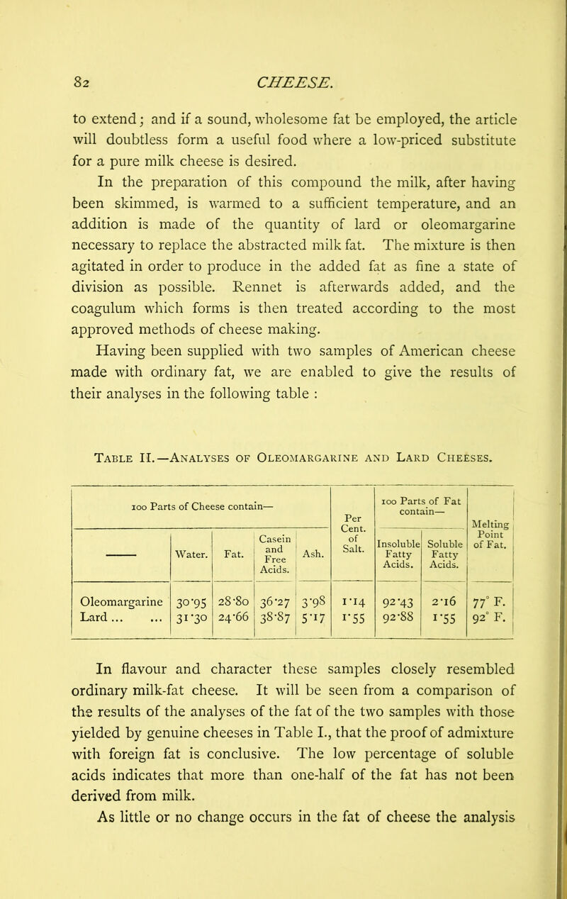 to extend; and if a sound, wholesome fat be employed, the article will doubtless form a useful food where a low-priced substitute for a pure milk cheese is desired. In the preparation of this compound the milk, after having been skimmed, is warmed to a sufficient temperature, and an addition is made of the quantity of lard or oleomargarine necessary to replace the abstracted milk fat. The mixture is then agitated in order to produce in the added fat as fine a state of division as possible. Rennet is afterwards added, and the coagulum which forms is then treated according to the most approved methods of cheese making. Having been supplied with two samples of American cheese made with ordinary fat, we are enabled to give the results of their analyses in the following table : Table II.—Analyses of Oleomargarine and Lard Cheeses. loo Parts of Cheese contain— Per Cent. of Salt. 100 Parts of Fat contain— Melting | — Water. Fat. Casein and Free Acids. Ash. Insoluble Fatty- Acids. Soluble Fatty Acids. Point of Fat. Oleomargarine Lard... 30*95 31*30 28'8o 24‘66 36-27 38-87 3*98 5*17 I-I4 1*55 92-43 92-88 2-16 1*55 77° F. 92° F. In flavour and character these samples closely resembled ordinary milk-fat cheese. It will be seen from a comparison of the results of the analyses of the fat of the two samples with those yielded by genuine cheeses in Table I., that the proof of admixture with foreign fat is conclusive. The low percentage of soluble acids indicates that more than one-half of the fat has not been derived from milk. As little or no change occurs in the fat of cheese the analysis