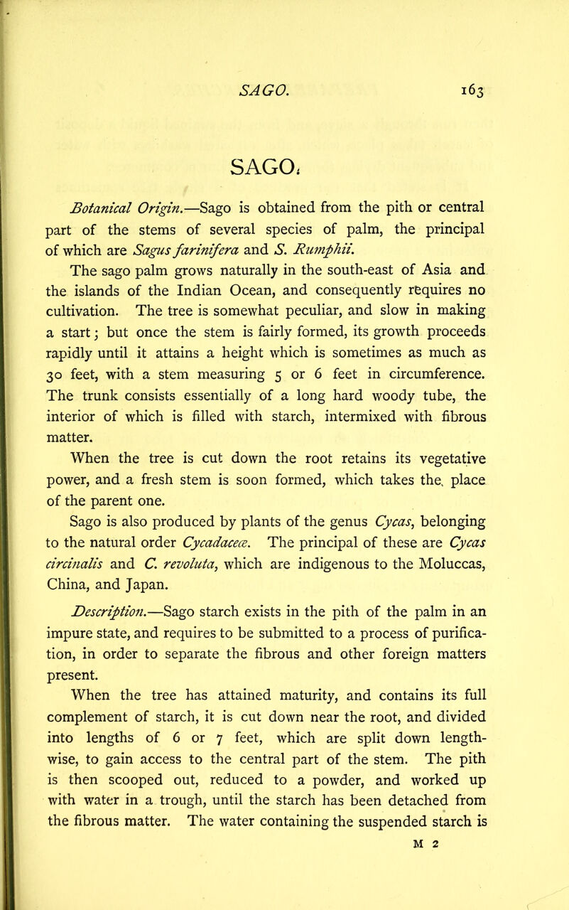 SAGO. Botanical Origin,—Sago is obtained from the pith or central part of the stems of several species of palm, the principal of which are Sagus farinifera and S, Rumphii. The sago palm grows naturally in the south-east of Asia and the islands of the Indian Ocean, and consequently requires no cultivation. The tree is somewhat peculiar, and slow in making a start j but once the stem is fairly formed, its growth proceeds rapidly until it attains a height which is sometimes as much as 30 feet, with a stem measuring 5 or 6 feet in circumference. The trunk consists essentially of a long hard woody tube, the interior of which is filled with starch, intermixed with fibrous matter. When the tree is cut down the root retains its vegetative power, and a fresh stem is soon formed, which takes the, place of the parent one. Sago is also produced by plants of the genus Cycas, belonging to the natural order CycadacecE. The principal of these are Cycas circinalis and C, revoluta, which are indigenous to the Moluccas, China, and Japan. Description,—Sago starch exists in the pith of the palm in an impure state, and requires to be submitted to a process of purifica- tion, in order to separate the fibrous and other foreign matters present. When the tree has attained maturity, and contains its full complement of starch, it is cut down near the root, and divided into lengths of 6 or 7 feet, which are split down length- wise, to gain access to the central part of the stem. The pith is then scooped out, reduced to a powder, and worked up with water in a trough, until the starch has been detached from the fibrous matter. The water containing the suspended starch is M 2