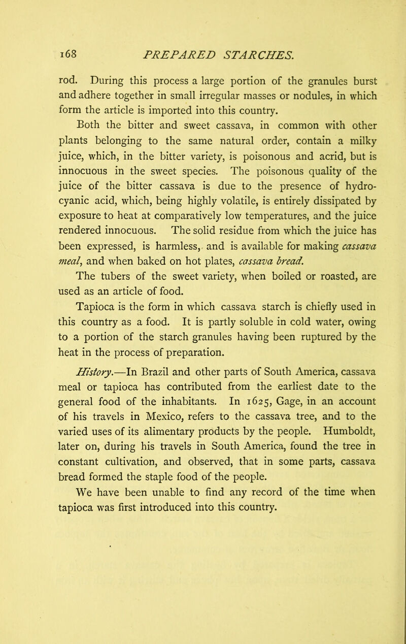 rod. During this process a large portion of the granules burst and adhere together in small irregular masses or nodules, in which form the article is imported into this country. Both the bitter and sweet cassava, in common with other plants belonging to the same natural order, contain a milky juice, which, in the bitter variety, is poisonous and acrid, but is innocuous in the sweet species. The poisonous quality of the juice of the bitter cassava is due to the presence of hydro- cyanic acid, which, being highly volatile, is entirely dissipated by exposure to heat at comparatively low temperatures, and the juice rendered innocuous. The solid residue from which the juice has been expressed, is harmless, and is available for making cassava meal, and when baked on hot plates, cassava bread. The tubers of the sweet variety, when boiled or roasted, are used as an article of food. Tapioca is the form in which cassava starch is chiefly used in this country as a food. It is partly soluble in cold water, owing to a portion of the starch granules having been ruptured by the heat in the process of preparation. History.—In Brazil and other parts of South America, cassava meal or tapioca has contributed from the earliest date to the general food of the inhabitants. In 1625, Gage, in an account of his travels in Mexico, refers to the cassava tree, and to the varied uses of its alimentary products by the people. Humboldt, later on, during his travels in South America, found the tree in constant cultivation, and observed, that in some parts, cassava bread formed the staple food of the people. We have been unable to find any record of the time when tapioca was first introduced into this country.