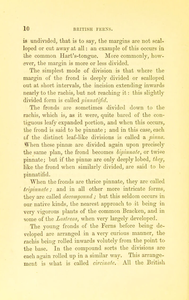 is undivided, that is to say, the margins are not scal- loped or cut away at all: an example of this occurs in the common Hart's-tongue. More commonly, how- ever, the margin is more or less divided. The simplest mode of division is that where the margin of the frond is deeply divided or scalloped out at short intervals, the incision extending inwards nearly to the rachis, but not reaching it: this slightly divided form is called pinnailfid. The fronds are sometimes divided down to the rachis, which is, as it were, quite bared of the con- tiguous leafy expanded portion, and when this occurs,, the frond is said to be pinnate ; and in this case, each tif the distinct leaf-like divisions is called a pinna. W^hen these pinnae are divided again upon precisely the same plan, the frond becomes hipinnate, or twice pinnate; but if the pinnae are only deeply lobed, thei/, like the frond when similarly divided, are said to be pinnatifid. When the fronds are thrice pinnate, they are called tripinnate; and in all other more intricate forms, they are called decompoimd ; but this seldom occurs in our native kinds, the nearest approach to it being in very vigorous plants of the common Bracken, and in some of the Lastreas, when very largely developed. The young fronds of the Ferns before being de- veloped are arranged in a very curious manner, the rachis being rolled inwards volutely from the point to the base. In the compound sorts the divisions are each again rolled up in a similar way. This arrange- ment is what is called circulate. All the British