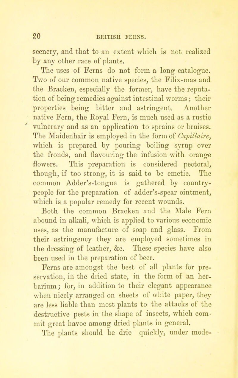 scenery, and tliat to an extent which is not realized by any other race of plants. The uses of Ferns do not form a long^ catalojjue. Two of our common native species, the Filix-mas and the Bracken, especially the former, have the reputa- tion of being remedies against intestinal worms; their properties being bitter and astringent. Another native Fern, the Royal Fern, is much used as a rustic ' vulnerary and as an application to sprains or bruises. The Maidenhair is emploj^ed in the form of Capillaire, which is prepared by pouring boiling syrup over the fronds, and flavouring the infusion with orange flowers. This preparation is considered pectoral, though, if too strong, it is said to be emetic. The common Adder's-tongue is gathered by country- people for the preparation of adder's-spear ointment, which is a popular remedy for recent wounds. Both the common Bracken and the Male Fern abound in alkali, which is applied to various economic uses, as the manufacture of soap and glass. From their astringency they are employed sometimes in the dressing of leather, &c. These species have also been used in the preparation of beer. Ferns are amongst the best of all plants for pre- servation, in the dried state, in the form of an her- barium ; for, in addition to their elegant appearance when nicely arranged on sheets of white paper, they are less liable than most plants to the attacks of the destructive pests in the shape of insects, which com- mit great havoc among dried plants in general. The plants should be dric quicl'ly, under mode-