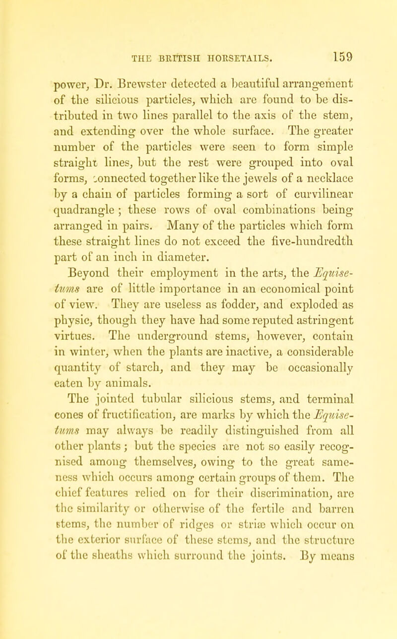 poweVj Dr. Brewster detected a beautiful arrangement of the silicious particles, which are found to be dis- tributed in two lines parallel to the axis of the stem, and extending over the whole surface. The greater number of the particles were seen to form simple straight lines, but the rest were grouped into oval forms, connected together like the jewels of a necklace by a chain of particles forming a sort of curvilinear quadrangle ; these rows of oval combinations being arranged in pairs. Many of the particles which form these straight lines do not exceed the five-hundredth part of an inch in diameter. Beyond their employment in the arts, the Equise- itims are of little importance in an economical point of view. They are useless as fodder, and exploded as physic, though they have had some reputed astringent virtues. The underground stems, however, contain in winter, when the plants are inactive, a considerable quantity of starch, and they may be occasionally eaten by animals. The jointed tubular silicious stems, and terminal cones of fructification, are marks by which the jS'^^mi?- tums may always be readily distinguished from all other plants ; but the species are not so easily recog- nised among themselves, owing to the great same- ness which occurs among certain groups of them. The chief features relied on for their discrimination, arc the similarity or otherwise of the fertile and barren stems, the number of ridges or strise which occur on the exterior surface of these stems, and the structure of the sheaths which surround the joints. By means