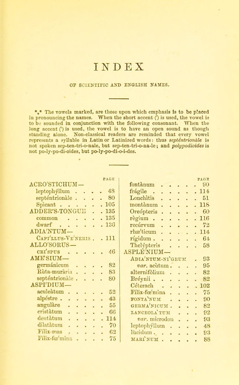 INDEX or SCIENTIFIC AND ENGLISH NAMES. *,* The vowels marked, are those upon which emphasis Is to be placed in pronouncing the names. When the short accent (') is used, the vowel is to bi; sounded in conjunction with the following consonant. Wlien the long accent 0) is used, the vowel is to have an open sound as though standing alone. Non-classical readers are reminded that every vowel represents a syllable in Latin or Latinized words: thus scptintrionide is not spoken sep-ten-tri-o-nale, but sep-ten-tri-o-na-le; and polypodioides is not po-ly-po-di-oides, but po-ly-po-di-o-i-des. PAGE PAGB ACRO'STICHUM— . 90 leptophyllum . . . septentrionale . . . . 48 . 80 51 . 105 , 118 ADDER'S-TONGUE . . 135 . 60 common . . . . . 135 . 116 . 13G . 72 ADIA'NTTJM— . 114. CAPi'LLrS-VE'NElUS . . Ill . 61. ALLO'SORUS— Thcly])tcris . . . . 58 . ASPLE'NIUM— AME'SIUM— AdiVntum-ni^oeuji . 93 germdnicum . . . . 82 var. acutum. . . . 95 Ruta-murariii . . . . 83 alternif61iuui . . . . 82 septentrionale; . . . . 80 . 82 ASPI'DIUM— , 102 . 52 . 75 rONTA^NUM . . . . 90 , 82 ianceola'tuji . . . 92 var. inicrodoii . . . 93 leptopliyllum . . . . 48 . fi2 Fnix-foc'miiK'. . . . . 75