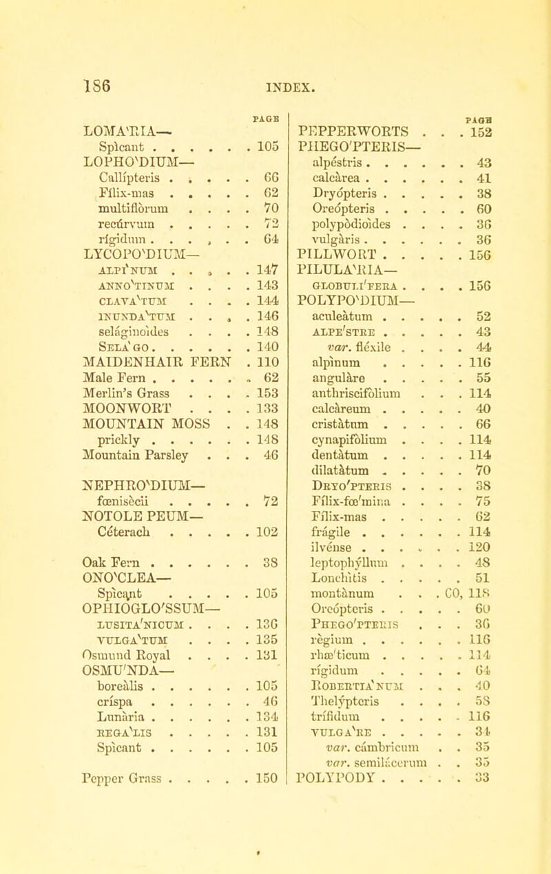 PAGE LOMATJA—. PEPPERWORTS . . . 152 PilEGO'PTEEIS— LOPHO'DIUM— 41 Fllix-mas .... . G2 38 multiflorum . . . . 70 . 73 polvpfidioides . . . 36 rigidnm . . . , . LYCOPO'DIUM— . 64 PILL WORT . . . axpi'num . . a . . 147 PILULAHilA— ANKOVINUM . . . . 143 GLOBUI.l'PEEA . . . 156 CLATA^TUM . . . . 144 POLYPO'DIUM— iuujtda^ttjm: . . , . 146 selaghioiJes . . . . 148 . . 43 , 140 var. flexile . . . 44, MAIDENHAIR FERN . 110 . . IIG , 62 anthriscifblium . , 55 Merlin's Grass . . . , 153 . . 114 40 MOUNTAIN MOSS . . 148 . , 66 cynaplfolium . . . . 114 Mountain Parsley . . . 46 . . 114 70 NEPHRO'DIUM— Dexo'pteeis . . 38 . . 75 NOTOLE PEUM— . . 62 . 103 114 . 38 leptophyUum . . . . 48 ONO'CLEA— 51 . 105 montanum . CO, lis OPIIIOGLO'SSUM— PHEOO'rTEEIS . . 6U ltjsita'nicttm . . . . 186 . . 36 VFXGA^TUM . . . . 135 Osmund Royal . 131 OSMU'NDA— , 105 Robeetia'kuji . . . -10 . 46 Thelyptcris . . . . 58 trifidum . - 116 . 131 . . 31. . 105 var. cambricum var. semili'xci um . . 33 . . 35 Pepper Grass .... . 150 POLYPODY . . . . . 33 9