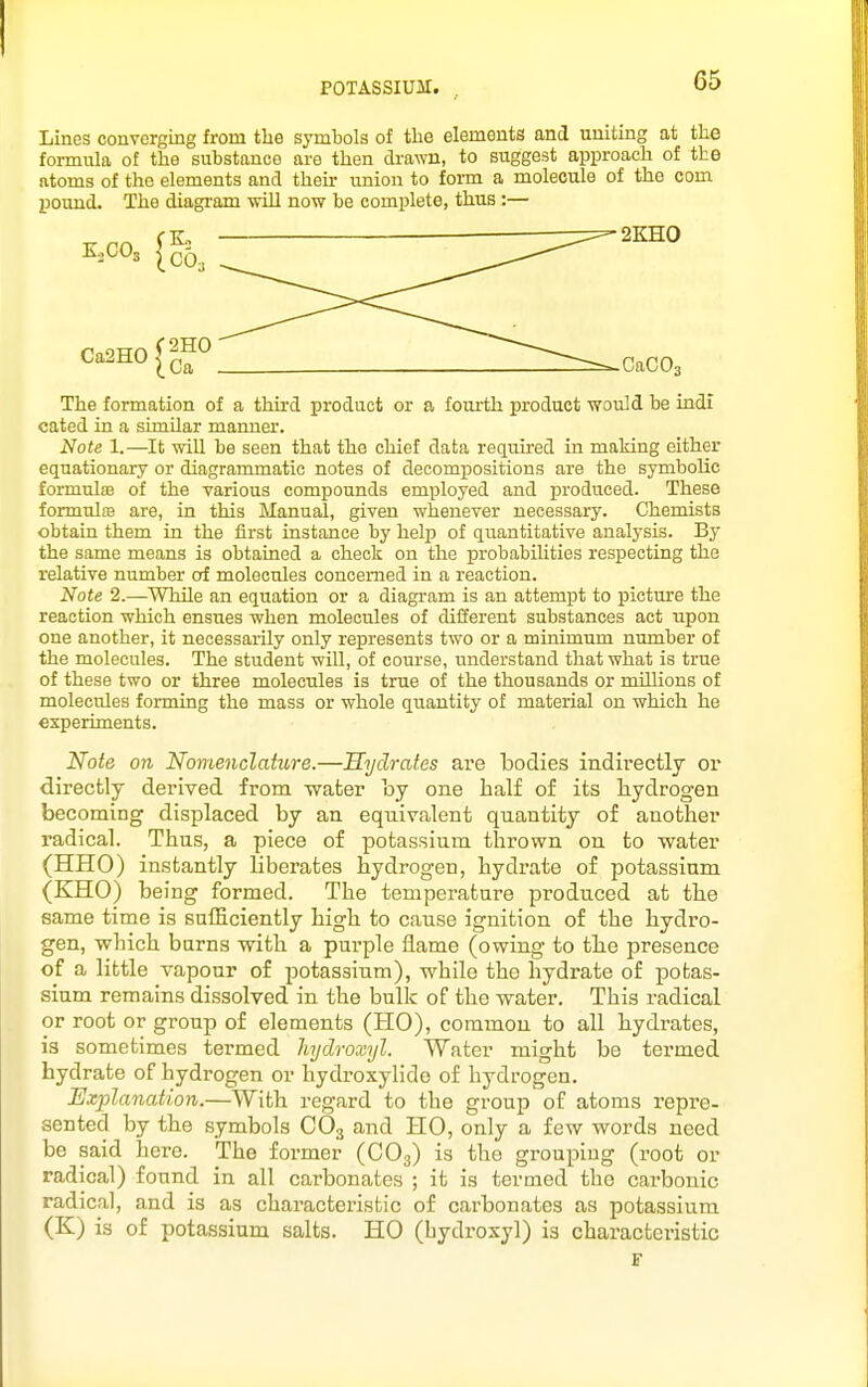 Lines converging from the symbols of the elements and uniting at the formula of the substance are then drawn, to suggest approach of the atoms of tho elements and their union to form a molecule of the com pound. The diagi'am will now be complete, thus:— The formation of a thu-d product or a fourth product would be indl cated in a similar manner. Note 1.—It will be seen that the chief data required in making either equationary or diagrammatic notes of decompositions are the symbolic formulas of the various compounds employed and produced. These formula are, in this Manual, given whenever necessary. Chemists obtain them in the first instance by help of quantitative analysis. Tcij the same means is obtained a check on the probabilities respecting the relative number of molecules concerned in a reaction. Note 2.—While an equation or a diagram is an attempt to picture the reaction which ensues when molecules of different substances act upon one another, it necessarily only represents two or a minimum number of the molecules. The student will, of course, understand that what is true of these two or three molecules is true of the thousands or millions of molecules forming the mass or whole quantity of material on which he experiments. Note on Nomenclature.—Hydrates are bodies indirectly or directly derived from water by one half of its bydrogen becoming displaced by an equivalent quantity of another radical. Thus, a piece of potassium thrown on to water (HHO) instantly liberates hydrogen, hydrate of potassium (KHO) being formed. The temperature produced at the same time is sufficiently high to cause ignition of the hydro- gen, which barns with a purple flame (owing to the presence of a little vapour of potassium), while the hydrate of potas- sium remains dissolved in the bulk of the water. This radical or root or group of elements (HO), common to all hydrates, is sometimes termed hydroxyl. Water might be termed hydrate of hydrogen or hydroxylide of hydrogen. Explanation.—With regard to the group of atoms repre- sented by the symbols CO3 and HO, only a few words need be said hero. The former (CO3) is the grouping (root or radical) found in all carbonates ; it is termed the carbonic radical, and is as characteristic of carbonates as potassium (K) is of potassium salts. HO (hydroxyl) is characteristic r