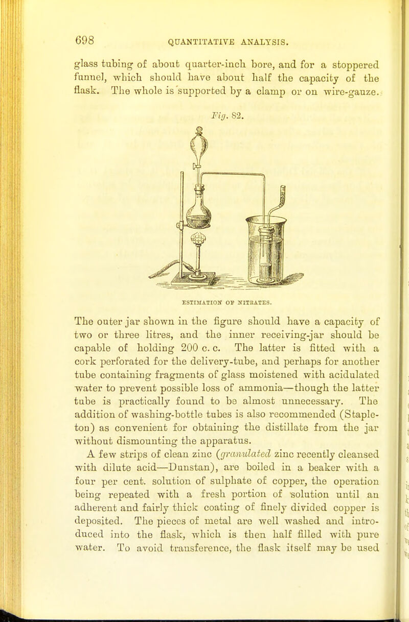 glass tubing of about quarter-incli bore, and for a stoppered fanuel, which should have about lialf the capacity of the flask. The whole is supported by a clamp or on wire-gauze. Fio. 82. ESIIJIATIOir OP NITKATES. The outer jar shown in the figure should have a capacity of two or three litres, and the inner receiving-jar should be capable of holding 200 c. c. The latter is fitted with a cork perforated for the delivery-tube, and perhaps for another tube containing fragments of glass moistened with acidulated water to prevent possible loss of ammonia—though the latter tube is practically found to be almost unnecessary. The addition of washing-bottle tubes is also recommended (Staple- ton) as convenient for obtaining the distillate from the jar without dismounting the apparatus. A few strips of clean zinc (^granulated zinc recently cleansed with dilute acid—Dunstan), are boiled in a beaker with a four per cent, solution of sulphate of copper, the operation being repeated with a fresh portion of 'solution until an adherent and fairly thick coating of finely divided copper is deposited. The pieces of metal are well washed and intro- duced into the flask, which is then half filled with pure water. To avoid transference, the flask itself may bo used