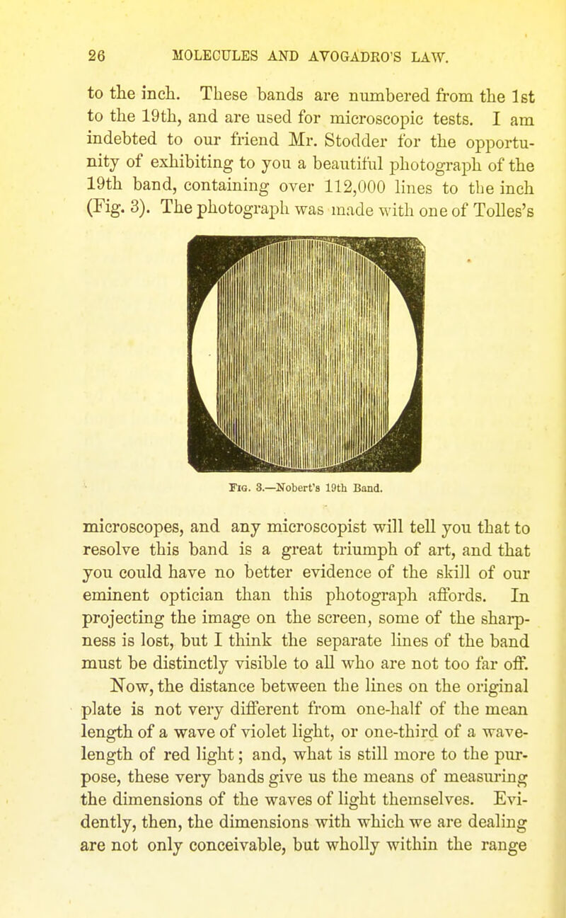 to the ineh. These bands are numbered from the 1st to the 19th, and are used for microscopic tests. I am indebted to our friend Mr. Stodder for the opportu- nity of exhibiting to you a beautiful photograj)h of the 19th band, containing over 112,000 lines to the inch (Fig. 3). The photograph was made with one of Tolles's Fig. 3—Nobert's 19th Band. microscopes, and any microscopist will tell you that to resolve this band is a great triumph of art, and that you could have no better evidence of the skill of our eminent optician than this photograph aifords. In projecting the image on the screen, some of the shai'p- ness is lost, but I think the separate hues of the band must be distinctly visible to all who are not too far off. Now, the distance between the lines on the original plate is not very different from one-half of the mean length of a wave of violet light, or one-third of a wave- length of red light; and, what is still more to the pur- pose, these very bands give us the means of measuring the dimensions of the waves of light themselves. Evi- dently, then, the dimensions with which we are dealing are not only conceivable, but wholly within the range