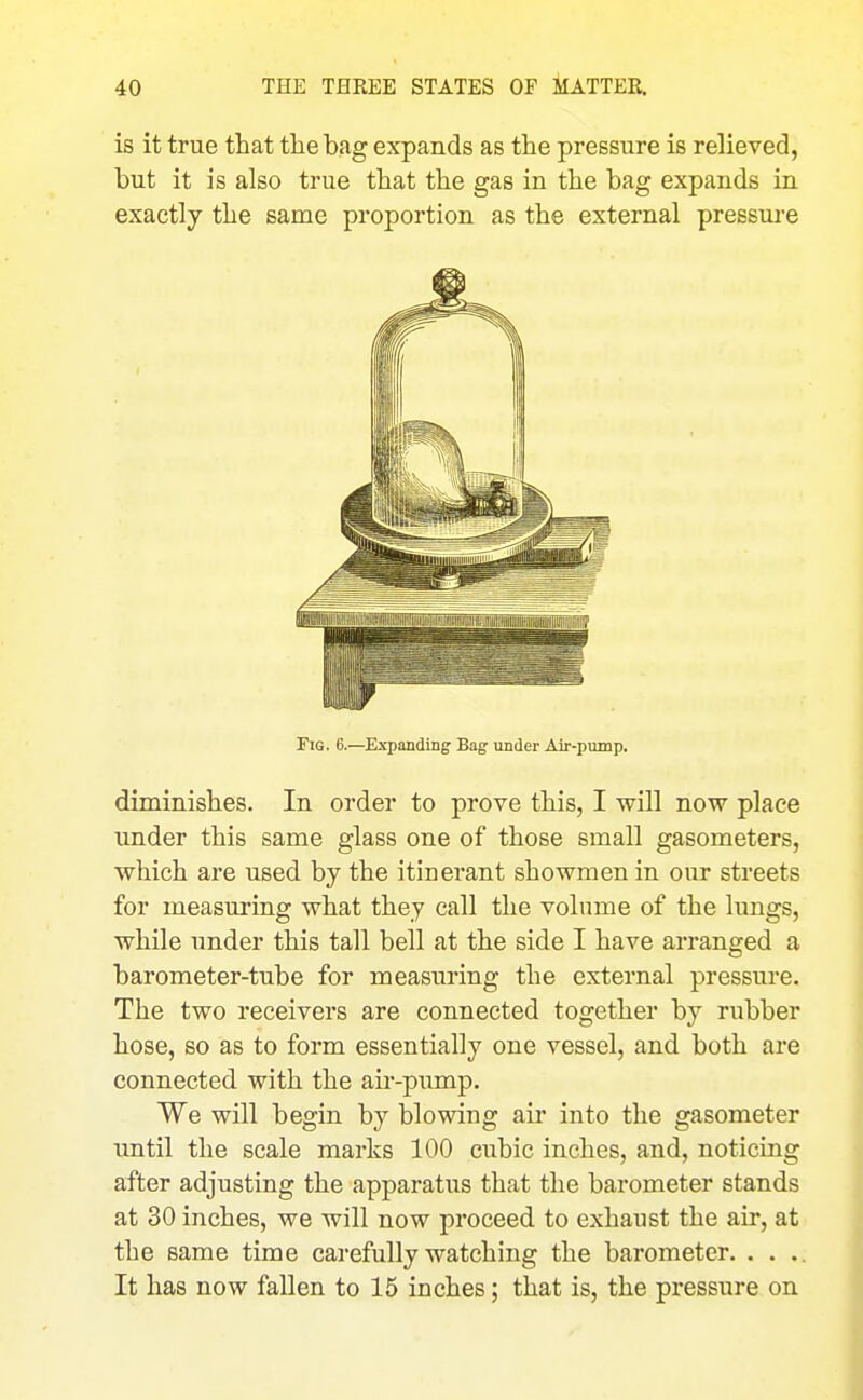 is it true that the bag expands as the pressure is relieved, but it is also true that the gas in the bag expands in exactly the same proportion as the external pressure Fig. 6.—Expanding Bag under Air-pump. diminishes. In order to prove this, I will now place under this same glass one of those small gasometers, which are used by the itinerant showmen in our streets for measuring what they call the volume of the lungs, while under this tall bell at the side I have arranged a barometer-tube for measuring the external pressure. The two receivers are connected together by rubber hose, so as to form essentially one vessel, and both are connected with the air-pump. We will begin by blowing air into the gasometer until the scale marks 100 cubic inches, and, noticing after adjusting the apparatus that the barometer stands at 30 inches, we will now proceed to exhaust the air, at the same time carefully watching the barometer. . . .. It has now fallen to 15 inches; that is, the pressure on