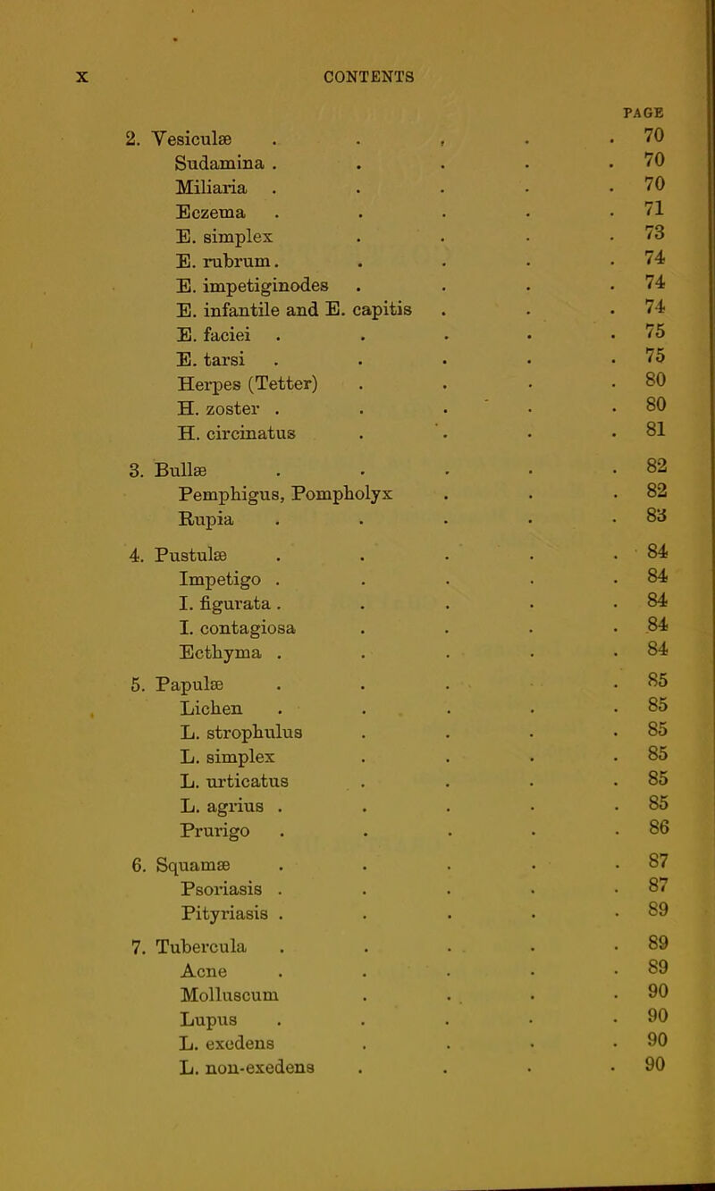 PAGE 2. Vesiculse . . , . .70 Sudamina . . . • .70 Miliaria . . . • .70 Eczema . . . • .71 E. simplex . . . .73 E. rubrum. . . . .74 E. impetiginodes . . . .74 E. infantile and E. capitis . . .74 E. faciei . . • • .75 E. tarsi . . • • .75 Hei*pes (Tetter) . . • .80 H. zoster . . .  • .80 H. circinatus . . • .81 3. Bullse . . . . -82 Pemphigus, Pompholyx . . .82 Rupia . . . . .83 4. Pustulse . . . . . 84 Impetigo . . . . .84 I. figurata. . . . .84 I. contagiosa . . . . 84 Ecthyma . . . . .84 5. Papulte . . . .85 Lichen . . . . .85 L. strophulus . . . .85 L. simplex . . . .85 L. urticatus . . . .85 L. agrius . . . • .85 Prurigo . . . • .86 6. Squamae . . . • .87 Psoriasis . . . • .87 Pityriasis . . . • .89 7. Tubercula . . . . .89 Acne . . . • .89 Molluscum . . . .90 Lupus . . . • .90 L. exodens . . • .90 L. nou-exedens . . . .90