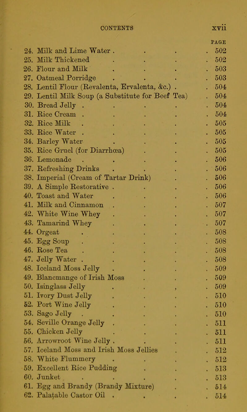 PAGE 24. Milk and Lime Water . • • . 502 25. Milk Thickened • • . 502 26. Flour and Milk • • . 503 27. Oatmeal Ponddge • • . 503 28. Lentil Flour (Revalenta, Ei’valenta, <&c.) . . 504 29. Lentil Milk Soup (a Substitute for Beef Tea) . 504 30. Bread Jelly . . 504 31. Rice Cream . . 504 32. Rice Milk . 505 33. Rice Water . . 505 34. Barley Water . 505 35. Rice Gniel (for Diarrhoea) . 505 36. Lemonade . 506 37. Refreshing Drinks . 506 38. Imperial (Cream of Tartar Drink) . 506 39. A Simple Restorative . . 506 40. Toast and Water . 506 41, Milk and Cinnamon . 507 42. White Wine Whey . 507 43. Tamaiind Whey . 507 44. Orgeat . 508 45. Egg Soup . 508 46. Rose Tea . 508 47. Jelly Water . . 508 48. Iceland Moss Jelly . 509 49. Blancmange of Irish Moss . 509 50. Isinglass Jelly • J . 509 51, Ivory Dust Jelly . 510 52. Port Wine Jelly . 510 53. Sago Jelly . 610 54. Seville Orange Jelly . . 511 55. Chicken Jelly . 511 66. Arrowroot Wine Jelly . . 511 57, Iceland Moss and Irish Moss Jellies . 512 58. White Flummery , 512 59. Excellent Rice Pudding . 513 60. Junket . 513 61. Egg and Brandy (Brandy Mixture) . 614 62. Palatable Castor Oil . • • . 514