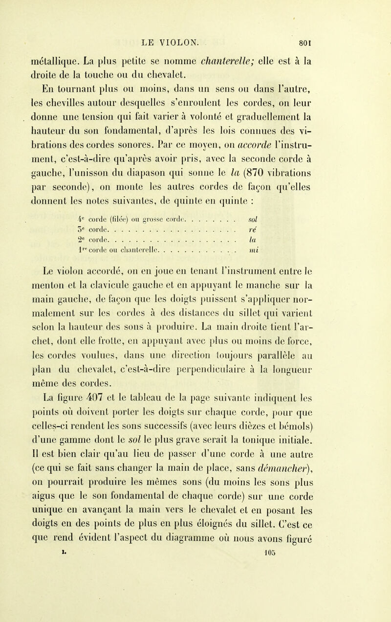 métallique. La plus petite se nomme chanterelle; elle est à la droite de la touche ou du chevalet. En tournant plus ou moins, dans un sens ou dans l'autre, les chevilles autour desquelles s'enroulent les cordes, on leur donne une tension qui fait varier à volonté et graduellement la hauteur du son fondamental, d'après les lois connues des vi- brations des cordes sonores. Par ce moyen, on accorde l'instru- ment, c'est-à-dire qu'après avoir pris, avec la seconde corde à gauche, l'unisson du diapason qui sonne le la (870 vibrations par seconde), on monte les autres cordes de façon qu'elles donnent les notes suivantes, de quinte en quinte : •4 corde (filée) ou grosse corde sol 3* corde ré 2^ corde la 1''*'corde ou chanterelle mi Le violon accordé, on en joue en tenant l'instrument entre le menton et la clavicule gauche et en appuyant le manche sur la main gauche, de façon que les doigts puissent s'appliquer nor- malement sur les cordes à des distances du sillet qui varient selon la hauteur des sons à produire. La main droite tient l'ar- chet, dont elle frotte, en appuyant avec plus ou moins de force, les cordes voulues, dans une direction toujours parallèle au plan du chevalet, c'est-à-dire perpendiculaire à la longueur même des cordes. La figure 407 et le tableau de la page suivante indiquent les points où doivent porter les doigts sur chaque corde, pour que celles-ci rendent les sons successifs (avec leurs dièzes et bémols) d'une gamme dont le sol le plus grave serait la tonique initiale. Il est bien clair qu'au lieu de passer d'une corde à une autre {ce qui se fait sans changer la main de place, sans démancher), on pourrait produire les mêmes sons (du moins les sons plus aigus que le son fondamental de chaque corde) sur une corde unique en avançant la main vers le chevalet et en posant les doigts en des points de plus en plus éloignés du sillet. C'est ce que rend évident l'aspect du diagramme où nous avons figuré !• 105