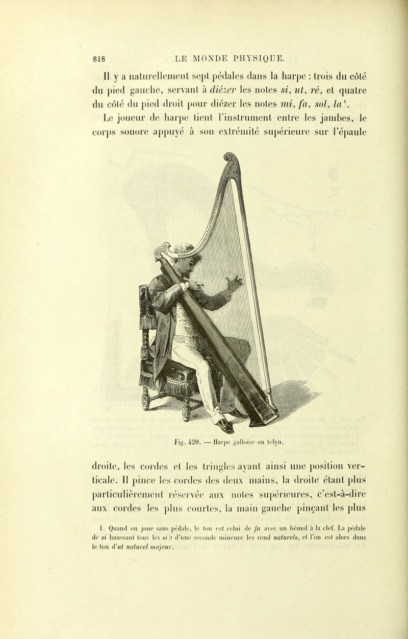 Il y a iialiirellemeiit sept pédales dans la harpe : trois du côté du pied gauche, servant à diézer les notes si, ut, ré, et quatre du côté du pied droit pour diézer les notes mi, fa, sol, Ia\ Le joueur de harpe tient l'instrument entre les jambes, le corps sonore appuyé à son extrémité supérieure sur l'épaule Fig. 420. — Hai'jic yiilloisi' un Iclyii. droite, les cordes et les tringles ayant ainsi une position ver- ticale. 11 pince les cordes des deux mains, la droite étant plus particulièrement réservée aux notes supérieures, c'est-à-dire aux cordes les plus courtes, la main gauche pinçant les plus 1. Quand on joue sans pédale, le ton est celui de fa avec un !)émol à la elel'. La pédale de si haussant tous les si b d'une seconde mineure les rend naturels, el l'on es! alors dans le ton d'w/ naltirel majeur.