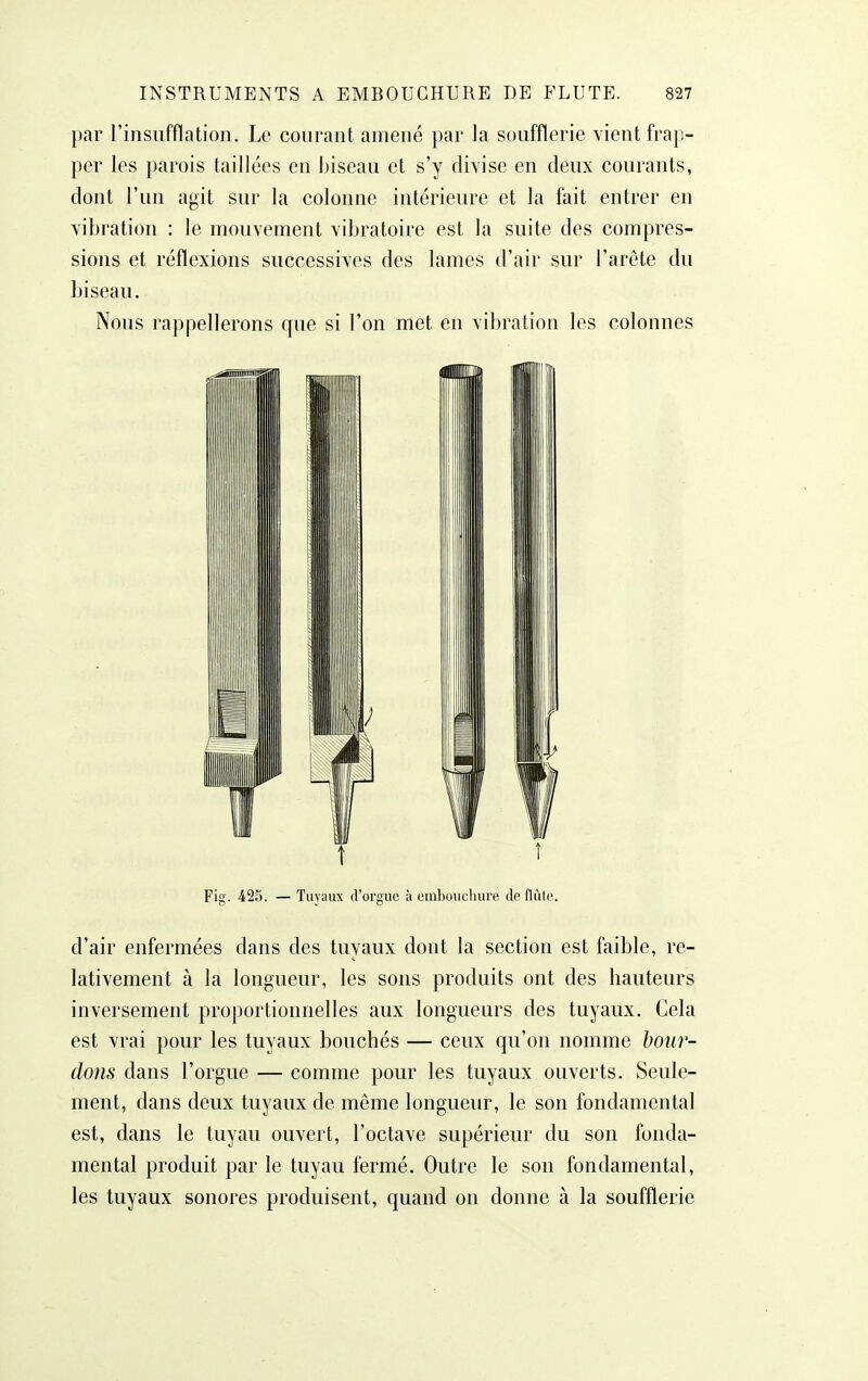 par l'insufflation. Le courant amené par la soufflerie vient frap- per les parois taillées en biseau et s'y divise en deux courants, dont l'un agit sur la colonne intérieure et la fait entrer en vibration : le mouvement vibratoire est la suite des compres- sions et réflexions successives des lames d'air sur l'arête du biseau. Nous rappellerons que si l'on met en vibration les colonnes Fig. 425. — Tuyaux d'orgue à embouchure de flûte. d'air enfermées dans des tuyaux dont la section est faible, re- lativement à la longueur, les sons produits ont des hauteurs inversement proportionnelles aux longueurs des tuyaux. Cela est vrai pour les tuyaux bouchés — ceux qu'on nomme bour- dons dans l'orgue — comme pour les tuyaux ouverts. Seule- ment, dans deux tuyaux de même longueur, le son fondamental est, dans le tuyau ouvert, l'octave supérieur du son fonda- mental produit par le tuyau fermé. Outre le son fondamental, les tuyaux sonores produisent, quand on donne à la soufflerie