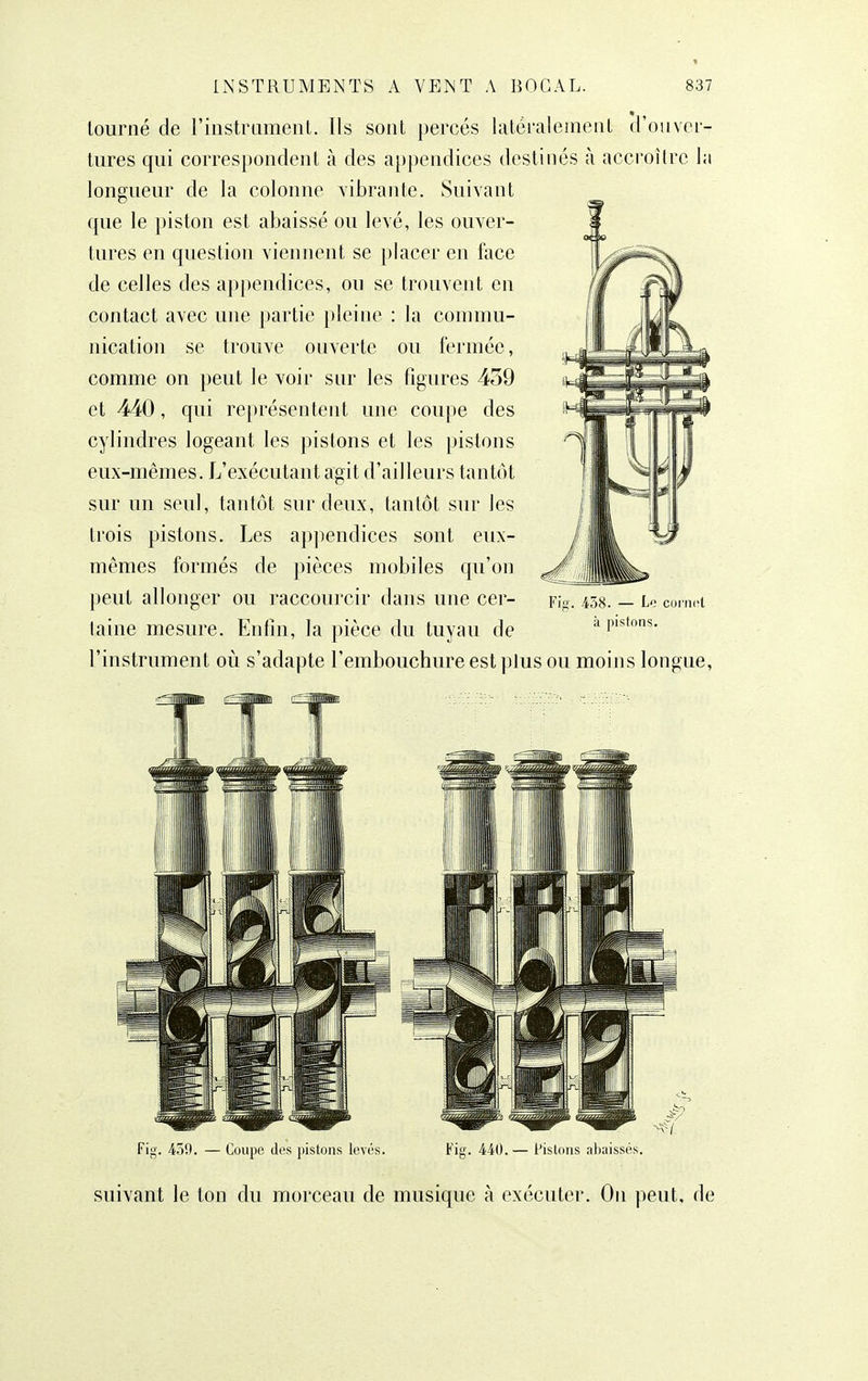 tourné de l'instramenL Ils sont percés latéraleineiU d'ouver- tures qui correspondent à des a[)pendices destinés à accroître la longueur de la colonne vibrante. Suivant que le piston est abaissé ou levé, les ouver- tures en question viennent se })lacer en face de celles des appendices, ou se trouvent en contact avec une partie pleine : la commu- nication se trouve ouverte ou fermée, comme on peut le voir sur les figures 439 et 440, qui représentent une coupe des cylindres logeant les pistons et les pistons eux-mêmes. L'exécutant agit d'ailleurs tantôt sur un seul, tantôt sur deux, tantôt sur les trois pistons. Les appendices sont eux- mêmes formés de pièces mobiles qu'on peut allonger ou raccourcir dans une cer- taine mesure. Enfin, la pièce du tuyau de l'instrument où s'adapte l'embouchure est plus ou moins longue, Fig. -438. — Lo curncl à pistons. Fig. 4511. — Coupe des pistons levés. Fig. 440.— Pistons abaissés. suivant le ton du morceau de musique à exécuter. On peut, de
