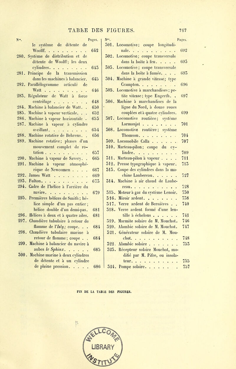 N. Pages. le système de détente de Woolff. 642 280. Système de distribution et de détente de Woolff; les deux cylindres 645 281. Principe de la transmission dans les machines à ])ahincier. C45 282. Parallélogramme articulé de Watt 646 283. Régulateur de Watt à force centrifuge 648 284. Machine à balancier de Watt. . 650 285. Machine à vapeur verticale. . . 652 286. Machine à vapeur horizontale . 655 287. Macliine à vapeur à cylindre oscillant 654 288. Machine rotative de Behrens. . 656 289. Machine rotative; phases d'un mouvement complet de ro- tation 657 290. Machine à vapeur de Savery. . 665 291. Machine à vapeur atmosphé- rique de Newcomen .... 067 292. James Watt 669 295. Fulton 675 294. Cadre de l'hélice à l'arrière du navire 679 295. Premières hélices de Smith; hé- lice simple d'un pas entier; hélice double d'un demi-pas. 681 296. Hélices à deux et à quatre ailes. 681 297. Chaudière tubulaire à retour de flamme de YIslij; coupe. . . 684 298. Chaudière tubulaire marine k retour de flamme ; coupe . . 684 299. Machine à balancier du navire à aubes le Sphinx 685 300. Machine marine à deux cylindres de délente et à un cylindre de pleine pression 686 N. Pages. 501. Locomotive; coupe longitudi- nale 692 502. Locomotive; coupe transversale dans la boîte k feu 693 305. Locomotive; coupe transversale dans la boîte à fumée. . . . 695 504. Machine à grande vitesse; type Crampton . 691! 505. Locomotive k marchandises; pe- tite vitesse; type Engerlh. . 697 506. Machine k marchandises de la ligne du Nord, a douze roues couplées etk quatre cylindres. 699 307. Locomotive routière; système Larmanjat ........ 701 508. Locomotive routière; système Thomson 704 309. Locomobile Calla 707 310. Marteau-pilon; coupe du cy- lindre 709 511. Marteau-pilon k vapeur .... 711 512, Presse typographique à vapeur. 715 515, Coupe des cylindres dans la ma- chine Laubereau 727 314. Machine k air chaud de Laube- reau 728 515. Moteur k gaz du système Lenoir. 730 316. Miroir ardent 758 317. Verre ardent de Dernières . . 740 518. Verre ardent formé d'une len- tille k échelons 74.1 519. Marmite solaire de M. Mouchot, 746 520. Alambic solaire de M. Mouchot. 747 521. Générateur solaire de M. Mou- chot 748 522. Alambic solaire 755 525. Récepteur solaire Mouchot, mo- difié par M. Fifre, ou insola- teur 755 324. Pompe solaire 757 FIN DE LA TABLE DES FIGURES.