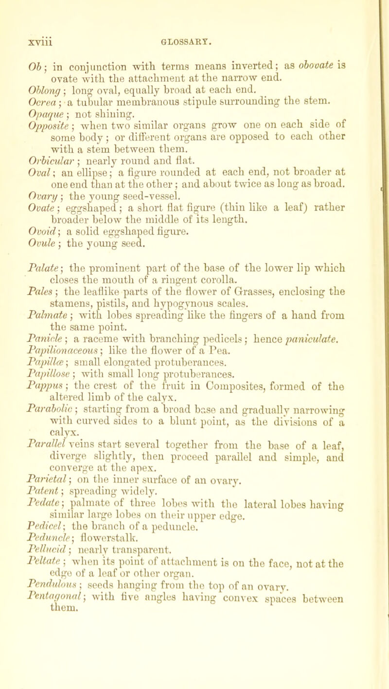 Ob; in conjunction -witla terms means inverted; a,a obovate ia ovate with the attachment at the narrow end. Ohlong; long oval, equally broad at each end. Ocrm ; a tubular membranous stipule surrounding the stem. Opaque; not shining. Opposite; when two similar organs grow one on each side of some body ; or different organs are opposed to each other with a stem between them. Orbicular ; nearh^ round and flat. Oval; an ellipse; a figure rounded at each end, not broader at one end than at the other; and about twice as long as broad. Ovary; the young seed-vessel. Ovate; eggshaped; a short flat figure (thin like a leaf) rather broader below the middle of its length. Ovoid; a solid eggshaped figure. Ovule ; the yoimg seed. Palate; the prominent part of the base of the lower lip which closes the mouth of a riugent corolla. Pales; the leaflike parts of the flower of Grasses, enclosing the stamens, pistils, and hj'pogynous scales. Pahnate; with lobes spreading like the fingers of a hand from the same point. Panicle ; a raceme with branching pedicels: hence paniculate. Papilionaceous; like the flower of a Pea. Papillce; small elongated protuberances. Papillose ; with small long protubtn-ances. Pappus; the crest of the fruit in Composites, formed of the altered limb of the calyx. Parabolic; starting from a broad base and gradually narrowing with curved sides to a blunt point, as the divisions of a calyx. Parallel veins start several together from the base of a leaf, diverge slightly, then proceed parallel and simple, and converge at the apex. Parietal; on tlie inner surface of an ovary. Patent; spreading widely. Pcdate; palmate of three lobes with the lateral lobes having similar large lobes oi\ their upper edge. Pedicel; the branch of a peduncle. Peduncle; flowcrstallc. Pellucid; n(>arly transparcMit. Peltate ; when its point of attachment is on the face, not at the edge of a leaf or other organ. Pendulous ; .seeds hanging from the top of an ovary. Pcnta(/o7ial; with five angles having convex spaces between them.