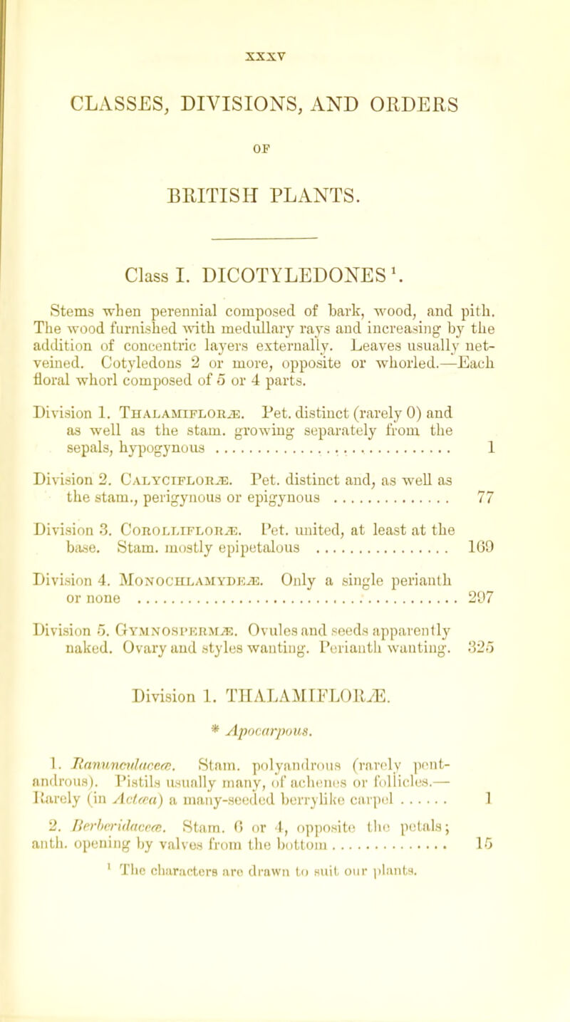CLASSES, DIVISIONS, AND ORDERS OP BRITISH PLANTS. Class I. DICOTYLEDONES'. Stems ■when perennial composed of bark, wood, and pith. The wood furnished vdth medullary rays and increasing hy the addition of concentric layers externally. Leaves usually net- veined. Cotyledons 2 or more, opposite or whorled.—Each floral whorl composed of o or 4 parts. Division 1. THALAMiFLOHiE. Pet. distinct (rarely 0) and as well as the stam. growing separately from the sepals, hypogynous 1 Division 2. CALYCiPLoiiiE. Pet. distinct and, as well as the stam., perigynous or epigynous 77 Division 3. CoKOLLiFLOHiE. Pet. united, at least at the base. Stam. mostly epipetalous 1G9 Division 4. Monochlamydeje. Only a single perianth or none 2'J7 Division 5. GYMNO.si'KRMiE. Ovules and seeds apparently naked. Ovary and styles wanting. Perianth wanting. 32o Division 1. THALAMIFLORyE. * Apocarpous. 1. Rnymnciihir.etT.. Slam, polyandrous (rartdy pnnt- nndrous). Pistils usually nuiny, ofaclunu'S or lolliclus.— Ilarely (in Aclcca) a many-seeded berryhke carpel 1 2. BerJioridncra;. Stam. G or 4, opposite tlui petals; anth. opening by valves from the bottom 15 ' The characters are drown to Huit our jiliinta.