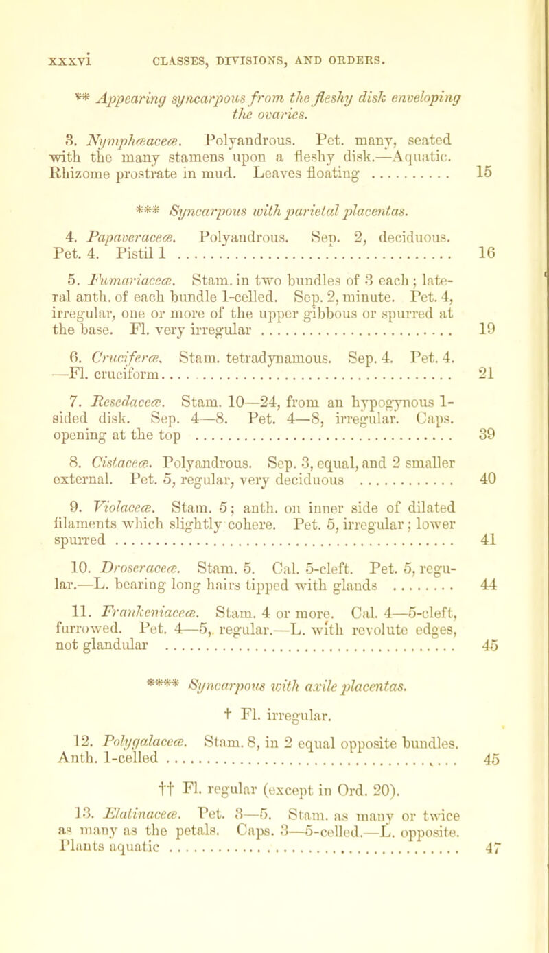 ** Appearing sy acarpous from the fleshy disk enveloping the ovaries. 8. Nymphceacem. Polyanclrous. Pet. many, seated with the many stamens upon a fleshy disk.—Aquatic. Rhizome prostrate in mud. Leaves floating 15 *** Syncarpous with parietal placentas. 4. Papaveracecs. Polyandrous. Sen. 2, deciduous. Pet. 4. Pistil 1 !' 16 5. FumariacecB. Stam. in tvv'o bundles of 3 each; late- ral anth. of each bundle 1-celled. Sep. 2, minute. Pet. 4, irreg'ulav, one or more of the upper gibbous or spurred at the base. Fl. very irregular 19 6. Criiciferee. Stam. tetradynamous. Sep. 4. Pet. 4. —Fl. cruciform 21 7. ResedacecB. Stam. 10—24, from an hypogynous 1- sided disk. Sep. 4—8. Pet. 4—8, irregular. Caps, opening at the top 39 8. CistacecB. Polyandrous. Sep. 3, equal, and 2 smaller external. Pet. 5, regular, very deciduous 40 9. Violacece. Stam. 6; anth. on inner side of dilated filaments which slightly cohere. Pet. 5, irregular; lower spurred 41 10. Droseracecc. Stam. 5. Cal. 5-cleft. Pet. 5, regu- lar.—L. bearing long hairs tipped with glauds 44 11. Franhemacece. Stam. 4 or more. Cal. 4—5-cleft, furrowed. Pet. 4—5, regular.—L. with revolute edges, not glandular  . . 45 **** Syncarpous with axile placentas. t Fl. irregular. 12. Polygalaccce. Stam. 8, in 2 equal opposite bundles. Anth. 1-celled ^... 45 tt Fl. regular (except in Ord. 20). 13. Elatinacece. Pet. 3—5. Stam. ns many or twice as many as the petals. Caps. 3—5-celled.—L. opposite. Plants aquatic 47