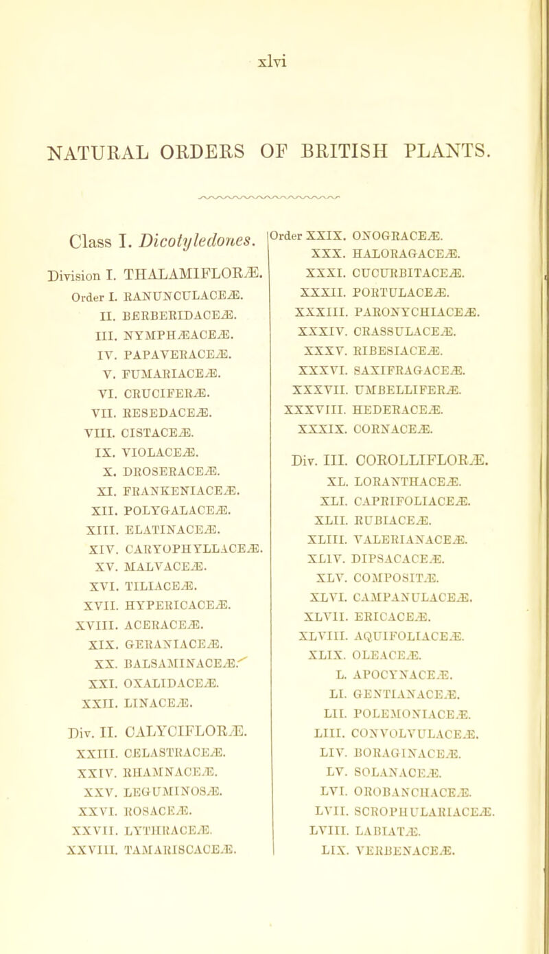 NATURAL ORDERS OF BRITISH PLANTS. Class I. Dicotyledones. DiTision I. THALAMIFLOR^. Order I. EANUNCULACE^. II. BERBERIDACE^. III. NYMPH^ACE^. IV. PAPAVEEACEiE. V. EUMAEIACE/E. VI. CRUCIFEEyE. VII. EESEDACE^. VIII. CISTACEiE. IX. VIOLACE^. X. DEOSEHACE^. XI. FEANKENIACE.!?. XII. POLYGALACEjE. XIII. ELATINACEJi. XIV. CAEY0PHTLLACEJ5. XV. MALVACEAE. XVI. TILIACE.Ii3. XVII. HYPEEICACEiE. XVIII. ACEEACE/E. XIX. aERANIACE^. XX. BALSAMINACE^.-^ XXI. OXALIDACEiE. XXII. LINACE/E. Div. II. OALYOIFLOE.^i:. XXIII. CELASTRACE/E. XXIV. RHAMNACE.E. XXV. LEGUMINOS/E. XXVI. EOSACEyE. XXVII. LY'DtRACE/E. XXVIU. TAiMAEISCACE-E. Order XXIX. ONOGEACEjE. XXX. HAIORAGACE^. XXXI. CUCUEBITACEiE. XXXII. PORTULACE^. XXXIII. PARONYCHIACE^. XXXIV. CRASSULACE^. XXXV. EIBESIACEJS. XXXVI. BAXIFRAGACEiE. XXXVII. UilBELLIFER^. XXXVIII. HEDEEACE.E. XXXIX. CORNACE.E. Div. III. COEOLLIFLOE.^. XL. LORAXTHACE^. XLI. CAPRIFOLIACE^. XLII. RUBIACE.E. XLIII. V^ViERIAXACE^. XLIV. DIPSACACE.E. XLV. COMPOSIT.E. XLVI. CAJIPAXULACEJE. XLVII. EEICACE.E. XLVIII. AQUIFOLIACE.E. XLIX. 0LEACEJ5. L. APOCYJTACE.E. LI. GEXTIAXACE.E. LII. POLEMOXIACE.E. LIII. C0XV0LVULACEJ2. LIV. BOEAGINACE/E. LV. SOLANACE.E. LVI. OROBANCHACE.E. LVII. SCROPHULARIACE^. LVIII. LABTAT.E. 1 LIX. VERBEJfACEiE.