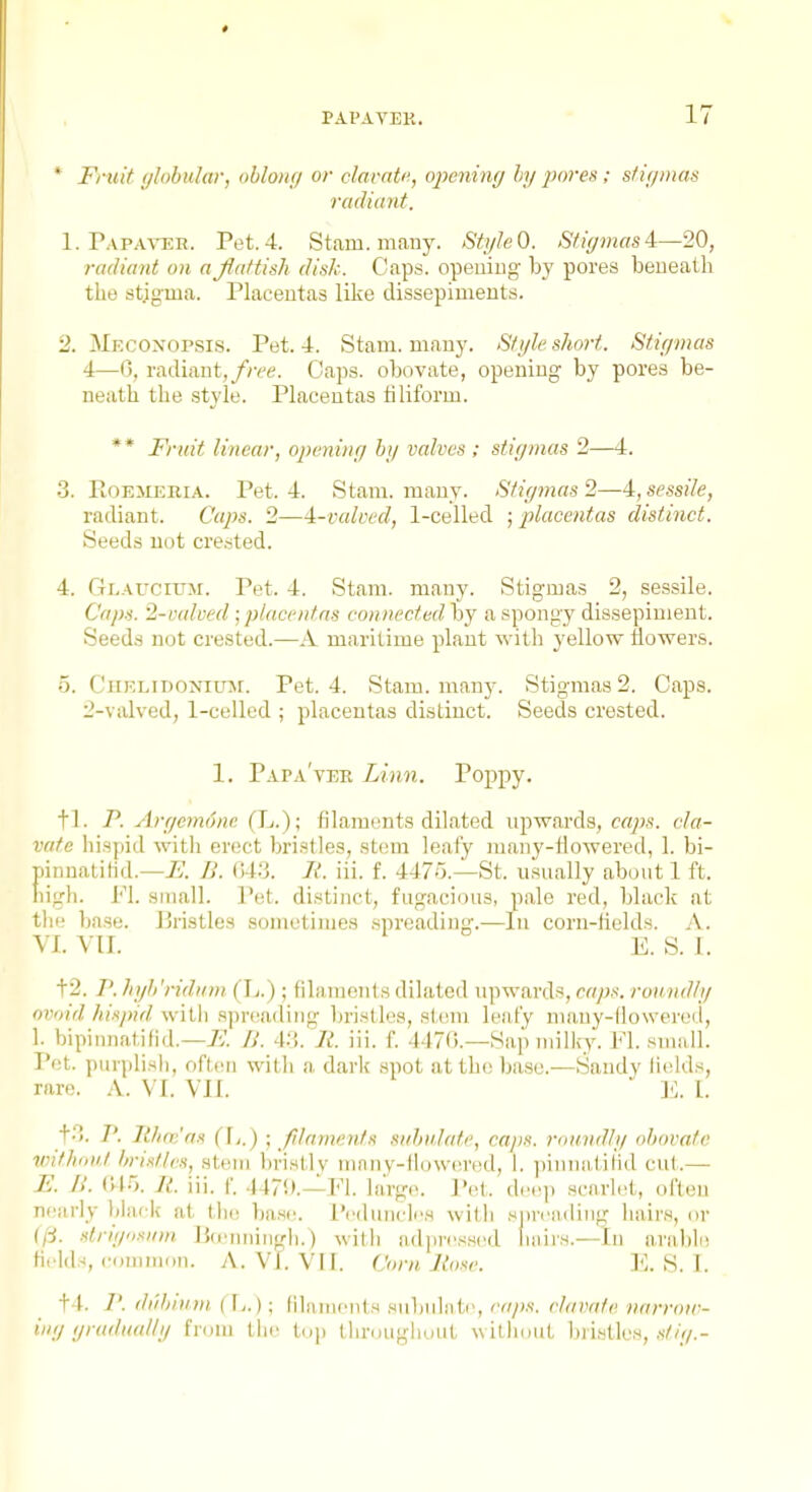 * Fruit (/lobular, oblonr/ or clarnti:, opening hij pores; s/ir/mas radiant. 1. Papaver. Pet. 4. Stam. many. StijleO. Stigmas—20, radiant on aflnttish disk. Caps, opening- by pores beneath the stigma. Placentas like dissepiments. 2. IMeconopsis. Pet. 4. Stam. many. Style short. Stigmas 4—0, radiant,//-ee. Caps, obovate, opening by pores be- neath the style. Placentas filiform. ** Fruit linear, opening by valves ; stigmas 2—4. 3. PtOEiiEiiiA. Pet. 4. Stam. many. Stigmas 2—4, sessile, radiant. Caps. 2—A-valced, 1-celled ; placentas distinct. Seeds not cre.sted. 4. Glaucium. Pet. 4. Stam. many. Stigmas 2, sessile. Caps. '2-valved ; placentas connected by a spongy dissepiment. Seeds not crested.—A maritime plant with yellow flowers. 5. C'HELiDONiuJr. Pet. 4. Stam. manj'. Stigmas 2. Caps. 2-valved, 1-celled ; placentas distinct. Seeds crested. 1. Papa'ver Linn. Poppy. tJ- P. Argemdne (L.); filaments dilated upwards, caps, cla- vate liiapid witli erect bristles, stem leafy many-flowered, 1. bi- pinuatitid.—F. B. (!4.'j. 1{. iii. f. 447''3.—St. usually about 1 ft. high. Fl. small. VvX. distinct, fugacious, pale red, black at the base. Uristles sometimes spreading.—In corn-lields. A. VJ. VII. E.S.I. t2. P. hyli'ridum (L.) ; filaments dilated upwards, caps, ronndig ovoid Inspid with spreading bristles, stem leafy many-dowered, 1. bipinnatifid.—7?. B. It. iii. f. 4470.—Sap milky. Fl. small. Pet. purplish, often with a dark spot at the base.—Sandy lields, rare. A. VI. VII. ]-]. I. to. P. llhni'as ■ filnmcnts subu.late, caps, roundly obovate vnthn}il hri^lles, stem bristlv many-llowin'od, i. ])innafiiid cut.— E. B. (Ur,. II, iii. f, 447().^p^l. |.„.n.,._ ].,,|^ ^1,,,,^, seavlet, often nearly black at the base. I'eduncles with sjjrcading hairs, or {ji. slrigosuni I5(enningh.) wilii adprcssed hairs.—In arable fields, common. A. VI. VII. Corn Jlose. I'l. S. I. t4. /'. diibiunt (fy.) ; filiuncnts subuliitr, ra/is. r/iivafe narrou-- iiig ijrudaally from tiic top throughout without h)istles, .s/zV/.-