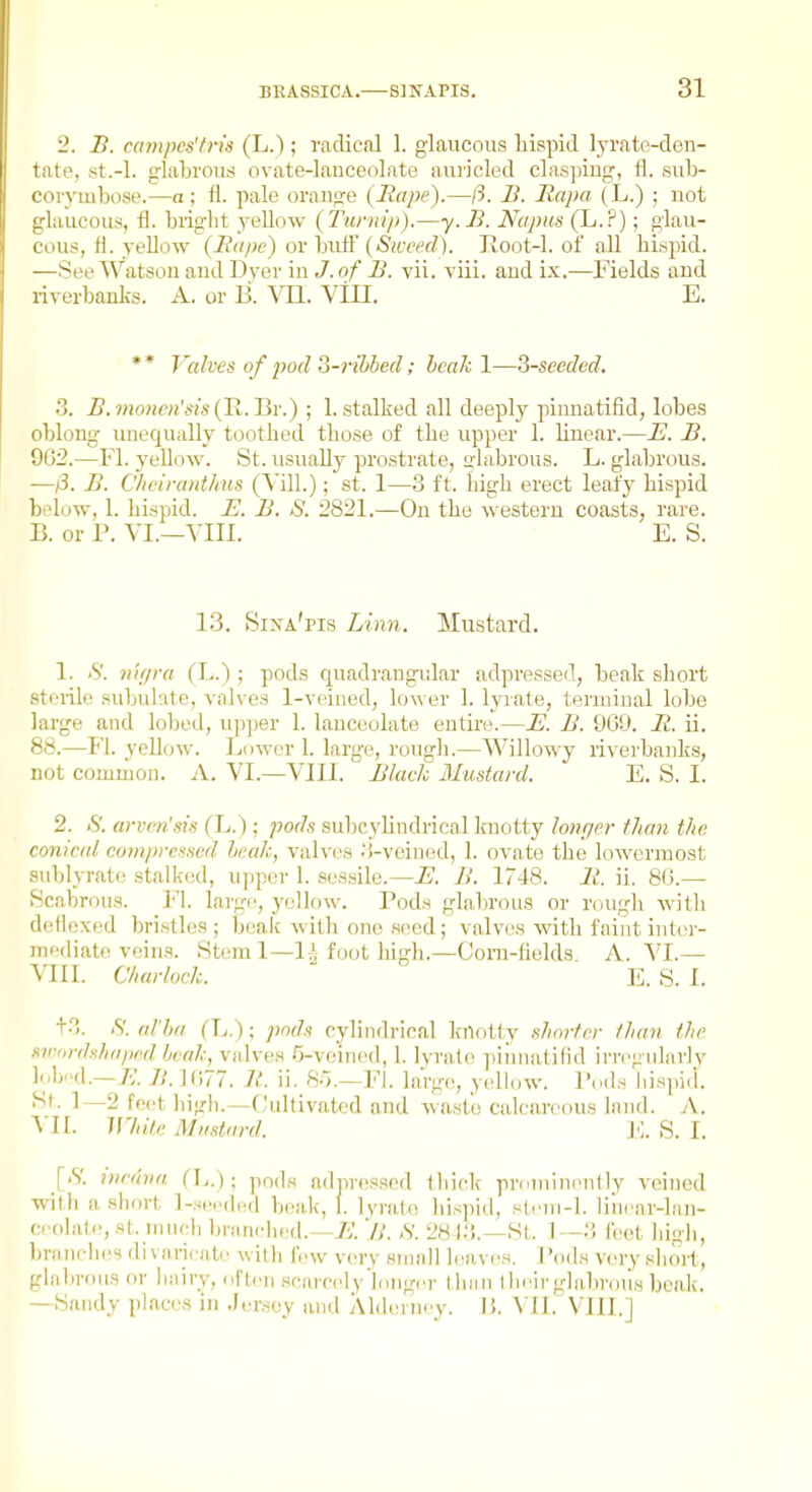 2. B. campes'tris (L.); radical 1. glaucous hispid lyrate-den- tate, st.-l. glabrous ovate-lanceolate aui'icled c]a.s]iiug, tl. sub- cor)Tiibose.—a; fl. pale orange {Rape).—ft. B. Rapa (L.) ; not glaucous, fl. bright yellow (Tuniip).—y.B. Napus (L.P); glau- cous, fl. yeUow (Bcipe) or bufl' (Sicefd). Koot-l. of all hispid. —See Watson and Dyer in J. of B. vii. viii. and ix.—Fields and riverbanks. A. or 13. \TL. Vln. E. ** Valves of pod Z-ribhed; hcakl—^seeded. 3. B.monen'sis iJl.llv.) ; 1. stalked all deeply pinnatifid, lobes oblong unequally toothed those of the upper 1. linear.—E. B. 902.—Fl. yeUow. St. usually prostrate, sjlabrous. L. glabrous. —ft. B. C/u'irunt/tus (Vill.); st. 1—3 ft. high erect leafy hispid below, 1. hispid. JE. B. S. 2821.—On the western coasts, rare. B. or P. YI.—VIII. E. S. 13. Sina'pis Linn. Mustard. 1. .S'. nifp-a (h.) ; pods quadrangiilar adpressed, beak sliort sterile subulate, valves l-vcined, lower I. lyrate, terminal lobe large and lobed, upper 1. lanceolate entire.—JE. B. 969. B. ii, 88.—P'l. yelkjw. Lower 1. large, rough.—Willowy rivei-banks, not common. A. VI.—VIII. Black 3Iustard. E. S. I. 2. <S'. arvi'u'sis f L.); pods subcylindrical knotty longer than the conical cuinprcnscd heuh, valves .i-veined, 1. ovate the lowermost snblyrate stalk(!d, upper 1. sessile.—E. B. 1748. B. ii. 8U.—■ Scabrous. Fl. large, yellow. Pods glabrous or rougli with deflexed bristles; beak with one .seed; valves with faint inter- mediate veins. Steml—1^ foot liigh.—Com-flelds A. VI.— VIII. Charlock. E. S. I. +3. Fi. al'ha (L.); pods oyliiidriral kilotfy shorter fhan the sii'ordshnpcd beak, valves O-veined, 1. lyralci piiniatifld irregidariy lobi'd.—7i'. B. I d77. Jt. ii. 8-1—Fl. larg(!, yellow. I'ods iiisiiid. Si . 1—2 feet high. —Cullivated and waste calcareous laud. A. Ml. While Mustard. E.S.I. [<S'. vieann (],.): pods adpressed thick- prcuiinenlly veined with a short l-ser(l,.(l befik, 1. lyrate hispid, steui-1. liiienr-lan- crolalf, St. iMiicii briinelied.—7>'. '/S. S. 281.,.—St. 1—3 feet high, bi'iiiiches di varicfilc with few very small leaves. 1 'ods very sliort, glabrous or liairy, often scarcely'hnigcv (Imn their glabrous beak. —Sandy places in .Jersey and Aldeiiiev. H. VII. VIII.]