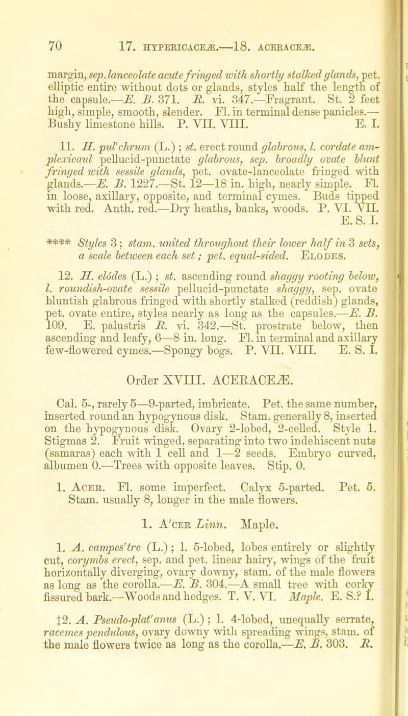 margin, sep. lanceolate acute frinffed with shortly stalked glands, pet. elliptic entire without dots or glands, styles half the length of the capsule.—^. B. 371. R. vi. 347.—Fragi-ant. St. 2 feet high, simple, smooth, slender. Fl. in terminal dense panicles.— Bushy limestone hills. P. VII. \IL1. E. I. 11. H. pul'chrum (L.) ; st. erect round glabrous, I. cordate am- plexicaid pellucid-punctate glabrous, sep. broadly ovate blunt fringed ivith sessile qlands, pet. ovate-lanceolate fringed with glaiids.—^. B. 1227.—St. 12—18 in. high, nearly simple. Fl. in loose, axillary, opposite, and terminal cymes. Buds tipped with red. Anth. red.—Dry heaths, banks, woods. P. Yl. Vn. E. S. I. **** Styles 3; stam. united throughoid their lorver half in 3 sets, a scale between each set; pet. equal-sided. Elodes. 12. H. elddes (L.) ; st. ascending round shaggy rooting below, I. roundish-ovate sessile pellucid-punctate shaggy, sep. ovate bluntish glabrous fringed with shortly stalked (reddish) glands, pet. ovate entire, styles nearly as long as the capsules.—E. B. 109. E. palustris R. vi. 342.—St. prostrate below, then ascending and leafy, 6—8 in. long. Fl. in terminal and axillary few-flowered cymes.—Spongy bogs. P. VII. VIII. E. S. I. Order XVIII. ACEEACE^. Cal. 5-, rarely 5—9-parted, imbricate. Pet. the same number, inserted roimd an hypogynous disk. Stam. generally 8, inserted on the hypogjTious disk. Ovary 2-lobed, 2-ceUed. St^le 1. Stigmas 2. Fruit winged, separating into two indehiscent nuts (samaras) each with 1 cell and 1—2 seeds. Embryo cm'ved, albumen 0.—Trees with opposite leaves. Stip. 0. 1. Acer. Fl. some imperfect. Calyx 5-parted. Pet. 5. Stam. usually 8, longer in the male flowers. 1. A'CEK Linn. Maple. 1. A. campes'tre (L.); 1. 5-lobed, lobes entirely or slightly cut, corymbs erect, sep. and pet. linear hairy, wings of the fruit horizontally diverging, ovary downy, stam. of the male flowers as long as the corolla.—E. B. 304.—A small tree with corlcy fissm-ed bai-k.—Woods and hedges. T. V. VI. Maple. E. S.? I. J2. A. Psetido-plat'amis (L.) ; 1. 4-lobed, unequally serrate, racemes pendulous, ovai'y downy with spreading win^s, stam. of the male flowers twice as long as the corolla.—E, B. 303. R.