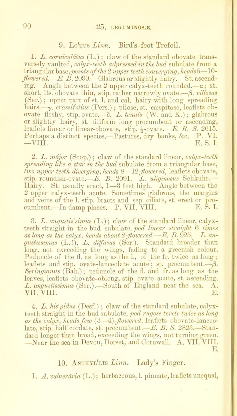 9. Lo'tus Linn. Bird's-foot Trefoil. 1. L. corniculdtus (L.) ; claw of the standard obovate trans- yersely vaulted, cah/x-f.eeth adprcssedin the hud subulate from a triangular base, points of the 2 upper teeth converging, hcadso—10- Jiowercd.—E. B. 2090.—Glabrous or slightly hairy. St. ascend- ing. Angle between the 2 upper calyx-teeth rounded.—a; st. short, Its. obovate thin, stip. rather narrowly ovate.—^. villosus (Ser.); upper part of st. 1. and cal. hairy with long spreading hairs.—y. crassifolius (Pers.); pilose, st. casspitose, leaflets ob- ovate fleshy, stip. ovate.—8. L. tenuis (W. and K.) ; glabrous or slightly hairy, st. flliform long procumbent or ascending, leaflets linear or linear-obovate, stip. |-ovate. E. B. S. 2015. Perhaps a distinct species.—Pastures, dry banks, &c. P. VI. -VIII. E.S.I. 2. L. major (Scop.) ; claw of the standard linear, cah/x-teeth spreading like a star in the hud subulate from a triangidar base, two upper teeth diverging, heads 8—\2-Jloivered, leaflets obovate, stip. roundish-ovate.—E. B. 2091. L. uliginosus Schkuhr.— Hairy. St. usually erect, 1—3 feet high. Angle between the 2 upper calyx-teeth acute. Sometimes glabrous, the margins and veins of the 1. stip. bracts and sep. f iliate, st. erect or pro- cumbent.—In damp places. P. VII. VIII. E. S. I. 3. L. angttstis'simus (L.); claw of the standard linear, calyx- teeth sti'aight in the bud subulate, pod linear straight 6 tiines as lo7ig as the calgx, heads ahout '2-Jloxvered.—E. B. 925. L. an- gustissimus (L.!), L. difums (Ser.).—Standard broader than long, not exceeding the wings, fading to a greenish colour. Peduncle of the fl. as long as the 1., of the fi'. twice as long ; leaflets and stip. ovate-lanceolate acute; st. procumbent.—/3. Seringianus (Bab.); peduncle of tlie fl. and fr. as long as the leaves, leaflets obovate-oblong, stip. ovate acute, st. ascending. L. anqustissimiis (Ser.).—South of England near the sea. A. VII. VIII. E. 4. L. his'Indus (Desf.) ; claw of the standard subulate, calyx- teeth straight in the bud subulate, pod rugose terete tirice as long as the calg.r, heads few (3—4:)-Jloirered, leaflets oboN-ate-lanceo- late, stip. half cordate, st. proeuuibent.—E. B. S. 2S23.—Stan- dard longer than broad, exceeding tlio wings, not turning green. —Near the sea in Devon, Dorset, and Cornwall. A. VII. VIII. E. 10. Anthtl'lts Linn. Lady's Finger. 1. A. vulncrdria (L.); herbaceous, 1. pinnate, leaflets unequal,