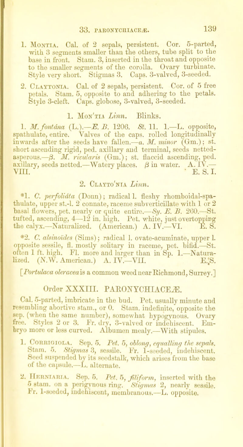 1. MoNTiA. Cal. of 2 sepals, persistent. Cor. 5-parted, wiik 3 segments smaller than the others, tube split to the base in front. Stam. 3, inserted in the throat and opposite to the smaller segments of the corolla. Ovary turbinate. Style very short. Stigmas 3. Caps. 3-valved, 3-seeded. 2. Claytonia. Cal. of 2 sepals, persistent. Cor. of 5 free petals. Stam. 5, opposite to and adhering to the petals. Style 3-cleft. Caps, globose, 3-valved, 3-seeded. 1. Mon'tia Linn. Blinks. 1. M.fontdna (L.).—^. S. 1206. St. 11. 1.—L. opposite, spathulate, entu-e. Valves of the caps, rolled longitudinally inwards after the seeds have fallen.—a. M. minor ((im.); st. short ascending rigid, ped. axillary and terminal, seeds netted- asperous.—^. 31. ricidaris (Gm.); st. flaccid ascending, ped. axillary, seeds netted.—Watery places. iS in water. A. IV.— VIII. • E. S. I. 2. Clatto'nia Linn. *1. C. perfolidta (Donn); radical 1. fleshy rhomboidal-spa- thulate, upper st.-l. 2 connate, raceme subverticillate with 1 or 2 basal flowers, pet. nearly or quite entire.—Sy. E. B. 200.—St. tufted, ascending, 4—-12 in. high. Pet. white, just overtopping the calyx.—Naturalized. (American.) A. IV.—VI. E. S. *2. C. alainoides (Sims); radical 1. ovate-acuminate, upper 1. oppo.site sessile, fl. mostly soUtary in raceme, pet. bifid.—St. otton 1 ft. high. Fl. more and larger than in Sp. 1.—Natm-a- lized. (i\.W. American.) A. IV.—VU. E.;S. \_Portidaca oleracea'is a common weed near Richmond, Sm-rey.] Order XXXIII. PAEONYCHIACEiE. Cal. .j-parted, imbricate in the bud. Pet. usually minute and resembling abortive stam., or 0. Stam. indefinite, opposite the sep. (when the same number), somewhat bypogynous. Ovary free. Styles 2 or 3. Er. dry, 3-valved or iudehiscent. Em- bryo more or less curved. Albumen mealy.—With stipules. 1. CoRiiioiOLA. Sep. 5. Pet. 5, oUong, equalling the sepals. Stam. o. Stigmas .3, sessile. Fr. l-soeded, iudeliiscent. Seed suspended by its seedstalk, which arises from tlie base of the capsule.—L. alternate. 2. IlF-RNlAmA. Sep. 5. Pet. 5, fJiform, inserted with the ^ atam. on a perigynous ring. S/ig»i(/.H 2, nearly sessile. Fr. 1-sueded, iudehi.icont, membranous.—L. opposite.