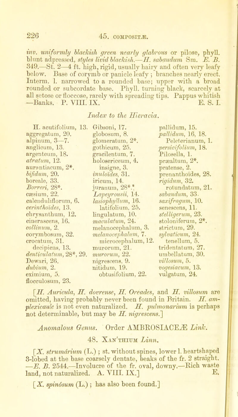 inv. uniformly blachish fffeen nearly ylahrous or pilose, phyll. blunt adpressed, styles livid blackish.—H. sabaudum Sm. E. B. 349.—St. 2—4 ft. high, rigid, usually liairy and often very leafy helow. Base of corymb or panicle leafy ; branches nearly erect. Interm. 1. narrowed to a rounded base; upper with a broad rounded or subcordate base. Phyll. turning black, scarcely at all setose or floccose, rarely with spreading tips. Pappus whitish —Banks. P. VIII. IX. E. S. I. Index to the Hieracia. Gibsoni, 17. globosum, 8. gloraeratum, 2*. gothicum, 25. gracilentum, 7. holoserieeuni, 4. insigne, 3. inuloides, 31. iricum, 14. juranum, 28*.° Lapeyrousii, 14. laaiophyUum, 16. latifolium, 25. lingulatum, 10. maculaf.um, 24. melanocephaliuti, 3. melanoccphahim, 1. microcephalum, 12. murorum, 21. murorum, 22. nigi'escens, 9. nitidum, 19. obtusifolium, 22. H. acutifolium, 13. aggregatum, 20. alpinum, 3—7. anglicum, 13. argenteiira, 18. atratum, 12. aurantiacum, 2*. bifidum, 20. boreale, 33. Borreri, 28*. cajsium, 22. caleiiduliflorum, 6. cerinthoides, 13. chrysanthum, 12. ciuerascens, 16. collinum, 2. corymbosura, 32. crocatum, .31. decipiens, 13. denticulatum, 28*, 29. Dewari, 26. dubium, 2. eximium, 5. flocculosum, 23. [Jf. Auricula, H. doiwiise, II. Oreades, and H. villosum are omitted, having probably never been found in Britain. H. am- plexieaule is not even naturalized. H. puhnonarium is perhaps not determinable, but may be H. nigrcscens.'] Anomalous Genus. Order AMBROSIACEiE Link. 48. Xan'thitjm Linn. [X. strumurium (L.) ; st. with out spines, lower 1. heartshnped 3-lobed at the base coarsely dentate, beaks of the fr. 2 straight. —E. B. 2544.—Involucre of the fr. oval, downy.—Rich waste land, not naturalized. A. VIII. IX.] E. \_X. apin6su7n (L.) ; has also been found.] pallidum, 15. pallidum, 16, 18. Peleterianum, 1. persicifolium, 18. Pilosella, 1. priEaltum, 2*. pratense, 2. prenanthoides, 28. rigidum, 32. rotundatum, 21. sabaudum, 33. sa-vifrngum, 10. senescens, 11. stelligcrum, 23. stolonifemm, 2*. strictuni, 29. sylvatimm, 24. tenelliim, 5. tridentatum. 27. utnbellatum, 30. villosum, 5. vogcsiacum, 13. vulgatum, 24.