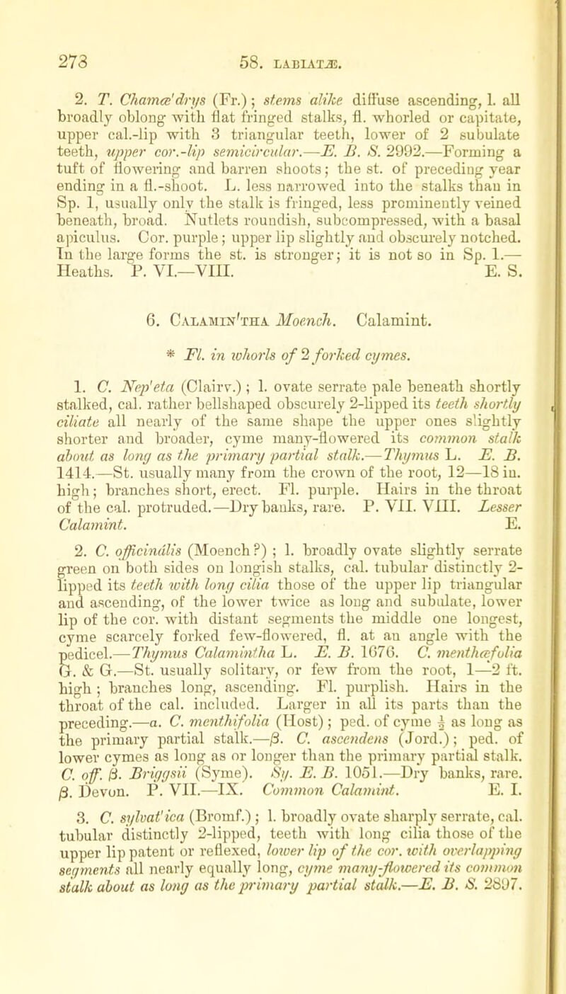 273 58. LABLVTA 2. T. Chamce'drys (Fr.); stems alike diffuse ascending, 1. all broadly oblong with flat fringed stalks, fl. whorled or capitate, upper cal.-lip with 3 triangular teeth, lower of 2 subulate teeth, upper cor.-lip semicircular.—E. B. S. 2992.—Forming a tuft of flowering and barren shoots; the st. of preceding year ending in a fl.-shoot. L. less narrowed into the stalks than in Sp. 1, usually only the stalk is fringed, less prominently veined beneath, broad. Nutlets roundish, subcompi-essed, with a basal apiculus. Cor. purple; upper lip slightly and obscui'el)' notched. In the large forms the st. is stronger j it is not so in Sp. 1.— Heaths. P. VI.—VIII. E. S. 6. Calamin'tha Moench. Calamint. * Fl. in lohorls of 2 forhed cymes. 1. C. Nep'eta (Clairv.); 1. ovate serrate pale beneath shortly stalked, cal. rather bellshaped obscurely 2-lipped its teeth shortly ciliate all nearly of the same shape the upper ones slightly shorter and broader, cyme many-flowered its common stalk about as long as the primary partial stalk.— Thymus L. E. B. 1414.—St. usually many from the crown of the root, 12—18 in. high; branches short, erect. Fl. purple. Hairs in the throat of the cal. protruded.—l)ry banks, rare. P. VII. VIII. Lesser Calamint. E. 2. C. officinalis (Moench ?) ; 1. broadly ovate slightly serrate green on both sides on longish stalks, cal. tubular distinctly 2- lipped its teeth with long cilia those of the upper lip triangular and ascending, of the lower twice as long and subidate, lower lip of the cor. with distant segments the middle one longest, cyme scarcely forked few-flowered, fl. at an angle with the S3dicel.— Thymus Calaminiha L. E. B. 1676. C. menthafolia _-. & G.—St. usually solitary, or few from the root, I—2 ft. high ; branches long, ascending. Fl. purplish. Hairs in the throat of the cal. included. Larger in all its parts than the preceding.—a. C. menthifolia (Host); ped. of cyme | as long as the primary partial stalk.—jS. C. ascendens (Jord.); ped. of lower cymes as long as or longer than the primary partial stalk. C. off. ^. Brigysii (Syme). Sy. E. B. 1051.—Dry banks, rare. ^. Devon. P. VII.—IX. Common Calandnt. E. I. 3. C. sylvat'ica (Bromf.) ; 1. broadly ovate sharpl)' serrate, cal. tubular distinctly 2-lipped, teeth with long cilia those of the upper lip patent or reflexed, lotver lip of the cor. with overlapping aeqments all nearly equally long, cyme many-Jiotoered its common stalk about as long as the primary partial stalk.—E, B. *S. 26'J7.