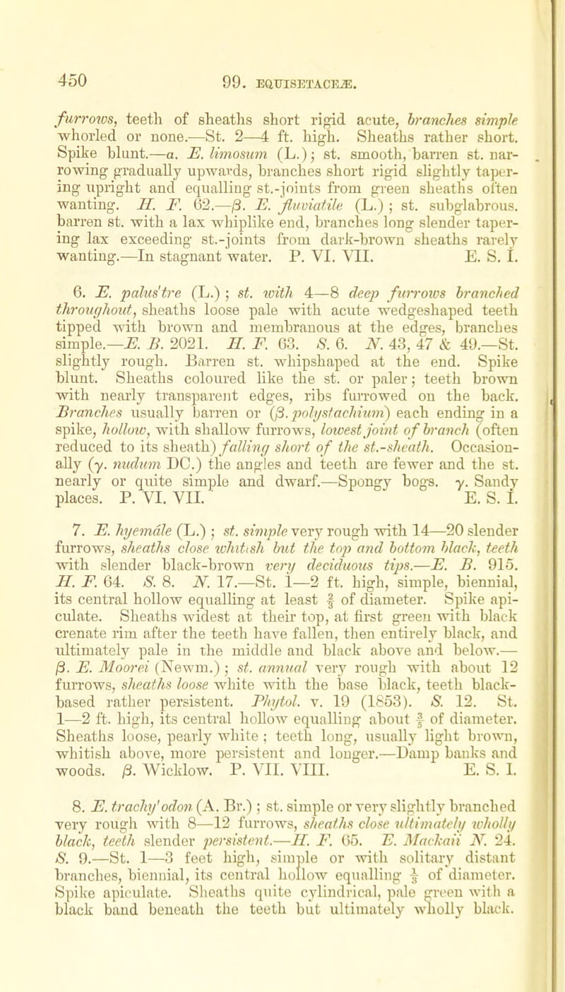 furrows, teeth of sheaths short rigid acute, branches simple whorled or none.—St. 2—4 ft. high. Sheaths rather short. Spike bhmt.—a. E.limosiim (L.); st. smooth, barren st. nar- rowing gradually upwavds, branches short rigid slightly taper- ing upright and equalling st.-joints from green sheaths often wanting. II. F. &2.—^. E. flumatile (L.) ; st. subglabrous. barren st. with a lax whiplike end, branches long slender taper- ing lax exceeding st.-joints from dark-brown sheaths rarely wanting.—In stagnant 'water. P. VI. VII. E. S. 1. 6. E. palus'tre (L.) ; st. tvith 4—8 deep furroivs branched throiu/hoiit, sheaths loose pale with acute wedgeshaped teeth tipped with brown and membranous at the edges, branches simple.—^. B. 2021. H. F. 63. 8. 6. N. 43, 47 & 49.—St. slightly rough. Biirren st. whipshaped at the end. Spike blunt. Sheaths coloured like the st. or paler; teeth brown with nearly transparent edges, ribs furrowed on the back. Branches usually barren or {{i. polystacMuni) each ending in a spike, holluiv, with shallow furrows, lowest joint of branch (often reduced to its sheRth) fallinff short of the st.-sheath. Occasion- ally (y. nudum DO.) the angles and teeth are fewer and the st. nearly or quite simple and dwarf.—Spongy bogs. -y. Sandy places. P. VI. VII. E. S. 1. 7. E. hyemdle (L.) ; st. simple very rough with 14—20 slender furrows, sheaths close lohitish but the top and bottom black, teeth with slender black-brown very deciduous tips.—E. B. 915. H. F. 64. S. 8. N. 17.—St. 1—2 ft. high, simple,^ biennial, its central hollow equalling at least f of diameter. Spike api- culate. Sheaths widest at their top, at first green with black crenate rim after the teeth have fallen, then entirely black, and ultimately pale in the middle and black above and below.— ^3. E. Moorei (Newm.); st. annual very rough with about 12 furrows, sheaths loose white with the base black, teeth black- based rather persistent. Phytol. v. 19 (1S53). S. 12. St. 1—2 ft. high, its central hollow equalling about f of diameter. Sheaths loose, pearly white ; teeth long, usually light bro^^^l, whitish above, more persistent and longer.—Damp banks and woods. iS. Wicklow. P. VII. VIII. E. S. 1. 8. E. trachy'odon (A. Br.); st. simple or very slightly branched very rough with 8—12 furrows, sheaths close ultimately wholly black, teeth slender persistent.—F. 65. E. Mackaii N. 24. S. 9.—St. 1—3 feet high, simple or with solitary distant branches, biennial, its central hollow equalling ^ of diameter. Spilce apiculate. Sheaths quite cylindrical, pale pren with a black band beneath the teeth but ultimately wholly blacli.