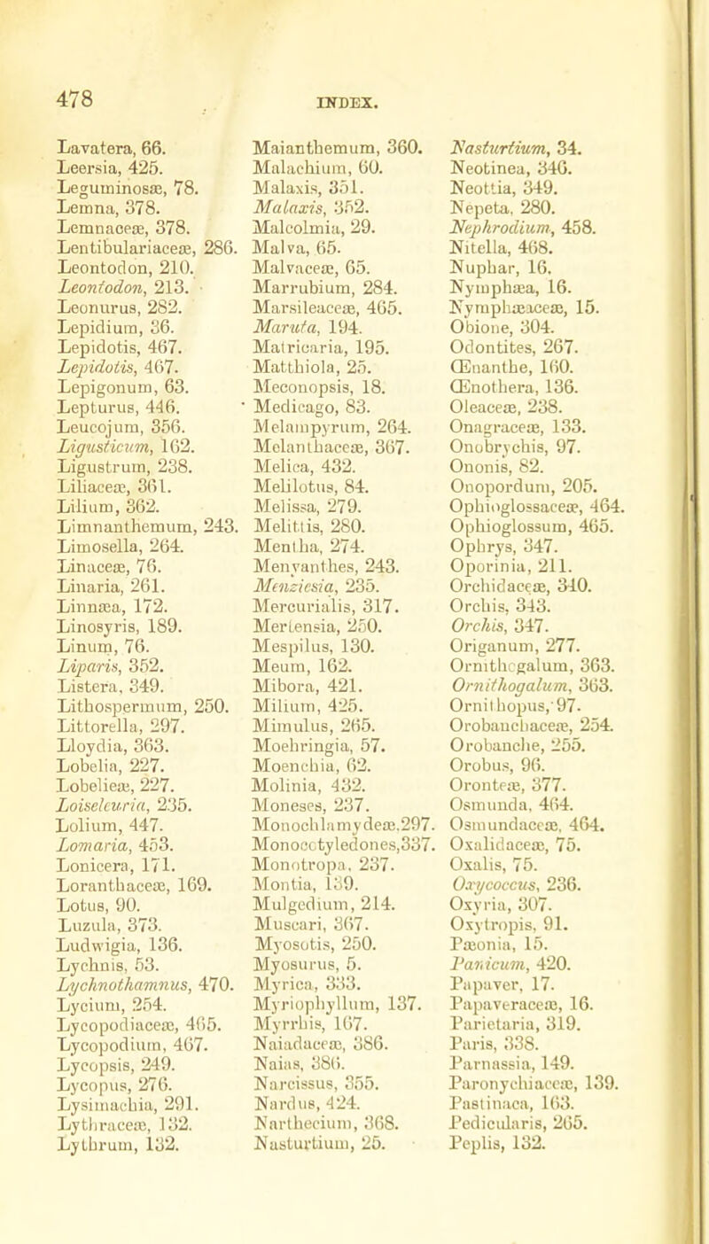 Lavatera, 66. Leersia, 425. Leguminosaj, 78. Lemna, 378. Lemnacete, 378. LentibulariaceiB, 286. Leontodon, 210. Leonfodon, 213. ■ Leonurus, 282. Lepidiura, 36. Lepidotis, 467. Lepidoiis, 467. Lepigonum, 63. Lepturus, 446. Leucojum, 356. Ligustkicm, 162. Ligustrum, 238. Liliaceaj, 361. Lilium, 362. Limnanthemum, 243. Limo.sella, 264. Linaceoe, 76. Linaria, 261. Linnaia, 172. Linosyris, 189. Liniim, 76. Liparis, 352. Listera, 349. Lithosperunum, 250. Littorella, 297. Lloydia, 363. Lobelia, 227. Lobeliea;, 227. Loisekv.ria, 2.35. Lolium, 447. Lomaria, 453. Lonicera, 171. Lorantbaceaj, 169. Lotus, 90. Luzula, 373. Ludwigia, 136. Lychnis, 53. Lychnothamnus, 470. Lycium, 254. Lycopodiacea3, 465. Lycopodiiun, 467. Lycopsis, 249. Lyeopus, 276. Lysimacbia, 291. Lytliraceic, 132. LyLbrum, 132. Maianthemum, 360. Malaehiiim, 60. Malaxis, 351. Malaxis, 352. Maleolmia, 29. Malva, 65. Malvacea;, 65. Marrubium, 284. Marsileaceffi, 465. Marufa, 194. Malriuaria, 195. Matthiola, 25. Mecotiopsis, 18. Medicago, 83. Melanipyrum, 264. MelanihaceiE, 367. Melica, 432. Melilotus, 84. Melissa, 279. Melit.lis, 280. Mentha, 274. Menyarilhes, 243. Mmzicsia, 235. Mercurialis, 317. MerLensia, 250. Mespilus, 130. Meum, 162. Mibora, 421. Miluini, 425. Mimulus, 265. Moehringia, 57. Moenc'bia, 62. Molinia, 432. Moneses, 237. Mouochlamydea3.297. Mono(;ctylec!one.s,337. Monotropa, 237. Montia, 139. Mulgecliuin, 214. MusL'ari, 367. Myosotis, 250. Myosiirus, 5. Myrica, 333. Myriopliyllura, 137. Myrrliis, 167. Naiadaceaj, 386. Naias, 38(i. Narcissus, 355. Nardus, '124. Kartheciuni, 368. Nasturtium, 25. 'Nasturtmm, 34. Neotinea, 346. Neottia, 349. Nepeta, 280. Nephrodium-, 458. Nitclla, 468. Nuphar, 16. Nyiupha;a, 16. Nyruphajiceaj, 15. Obioiie, 304. Odontites, 267. CEnanthe, 160. CEnotbera, 136. Oleaceaj. 238. OnagraceiE, 133. Onubrychis, 97. Ononis, 82. Onoporduni, 205. Ophioglossacea?, 464. Ophioglossum, 465. Opbrys, 347. Oporinia, 211. Orchidaceffi, 340. Orchis, 343. Orchis, 347. Origanum, 277. Ornitbcgalum, 363. Ornithogalum, 363. Ornil bopus,'97. Orobaucliacea;, 254. Orobanche, 255. Orobu.s 96. Orontraj, 377. Osmuuda, 464. Osmundaccce, 464. Oxalidacea;, 75. Oxalis, 75. Oxi/coccus, 236. Oxyria, 307. Osylropis. 91. Pasonia, 15. I'ariicuvi, 420. Papaver, 17. Papaveraceas, 16. Parietaria, 319. Paris, 338. Parnassia, 149. Paronychiaccaj, 139. Pasiinaea, 163. Pediciilaris, 265. Peplis, 132.