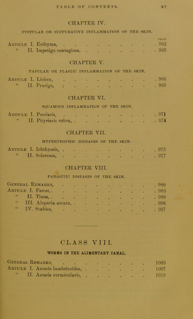 CHAPTER IV. PUSTULAR OR SUPPURATIVE INFLAMMATION OF THE SKIN. PA(i F. Article I. Ecthyma, 962 “ II. Impetigo contagiosa, 965 CHAPTER V. PAPULAR OR PLASTIC INFLAMMATION OF THE SKIN. Article I. Lichen, 966 “ II. Prurigo, ; . ....... 969 CHAPTER VI. SQUAMOUS INFLAMMATION OF THE SKIN. Article I. Psoriasis, . . . . . . . . .971 “ II. Pityriasis rubra, . . . . . . . .974 CHAPTER VII. , HYPERTROPHIC DISEASES OF THE SKIN. Article I. Ichthyosis^ . . . • 975 “ II. Sclerema, ......... 977 CHAPTER VIII. PARASITIC DISEASES OF THE SKIN. General Remarks, 980 Article I. Favus, 983 “ II. Tinea, 990 “ III. Alopecia areata, . 996 “ IV. Scabies, 997 CLASS VIII. WORMS IN THE ALIMENTARY CANAL. General Remarks, 1003 Article I. Ascaris lumbricoides, 1007 “ II. Ascaris vermicularis, ...... 1019