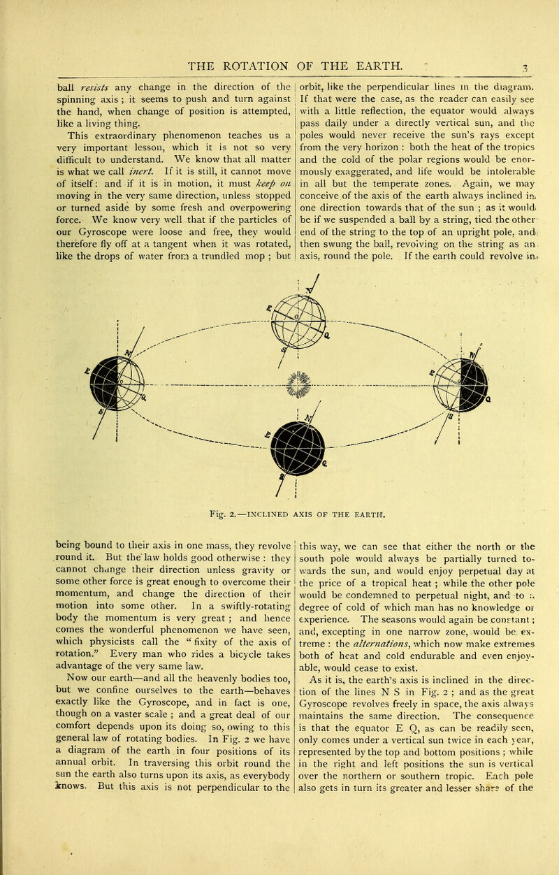 ball resists any change in the direction of the spinning axis ; it seems to push and turn against the hand, when change of position is attempted, like a living thing. This extraordinary phenomenon teaches us a very important lesson, which it is not so very difficult to understand. We know that all matter is what we call inert. If it is still, it cannot move of itself: and if it is in motion, it must keep on moving in the very same direction, unless stopped or turned aside by some fresh and overpowering force. We know very well that if the particles of our Gyroscope were loose and free, they would therefore fly off at a tangent when it was rotated, like the drops of water from a trundled mop ; but orbit, like the perpendicular lines m the diagram. If that were the case, as the reader can easily see j with a little reflection, the equator would always pass daily under a directly vertical sun, and the poles would never receive the sun's rays except from the very horizon : both the heat of the tropics and the cold of the polar regions would be enor- mously exaggerated, and life would be intolerable in all but the temperate zones. Again, we may conceive of the axis of the earth always inclined in, one direction towards that of the sun ; as it would, be if we suspended a ball by a string, tied the other end of the string to the top of an upright pole, and then swung the ball, revolving on the string as an axis, round the pole. If the earth could revolve ia^ Fig. 2.—INCLINED AXIS OF THE EARTH. being bound to their axis in one mass, they revolve round it. But the law holds good otherwise : they cannot change their direction unless gravity or some other force is great enough to overcome their momentum, and change the direction of their motion into some other. In a swiftly-rotating body the momentum is very great ; and hence comes the wonderful phenomenon we have seen, which physicists call the  fixity of the axis of rotation. Every man who rides a bicycle takes advantage of the very same law. Now our earth—and all the heavenly bodies too, but we confine ourselves to the earth—behaves exactly like the Gyroscope, and in fact is one, though on a vaster scale ; and a great deal of our comfort depends upon its doing so, owing to this general law of rotating bodies. In Fig. 2 we have a diagram of the earth in four positions of its annual orbit. In traversing this orbit round the sun the earth also turns upon its axis, as everybody knows. But this axis is not perpendicular to the this way, we can see that either the north or the south pole would always be partially turned to- wards the sun, and would enjoy perpetual day at the price of a tropical heat ; while the other pole would be condemned to perpetual night, and to ;i degree of cold of which man has no knowledge or experience. The seasons would again be conj-tant; and, excepting in one narrow zone, would be. ex- treme : the alternations, which now make extremes both of heat and cold endurable and even enjoy- able, would cease to exist. As it is, the earth's axis is inclined in the direc- tion of the lines N S in Fig. 2 ; and as the great Gyroscope revolves freely in space, the axis always maintains the same direction. The consequence is that the equator E O, as can be readily seen, only comes under a vertical sun twice in each year, represented by the top and bottom positions ; while in the right and left positions the sun is vertical over the northern or southern tropic. Each pole also gets in turn its greater and lesser shar? of the