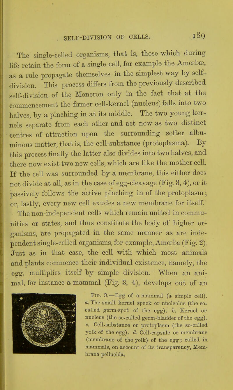 The single-celled organisms, that is, those which during life retain the form of a single cell, for example the Amoebae, as a rule propagate themselves in the simplest way by self- division. This process differs from the previously described self-division of the Moneron only in the fact that at the commencement the firmer cell-kernel (nucleus) falls into two halves, by a pinching in at its middle. The two young ker- nels separate from each other and act now as two distinct centres of attraction upon the surrounding softer albu- minous matter, that is, the cell-substance (protoplasma). By this process finally the latter also divides into two halves, and there now exist two new cells, which are like the mother cell. If the cell was surrounded by a membrane, this either does not divide at all, as in the case of egg-cleavage (Fig. 3, 4), or it - - • passively follows the active pinching in of the protoplasm; or, lastly, every new cell exudes a new membrane for itself. The non-independent cells which remain united in commu- nities or states, and thus constitute the body of higher or- ganisms, are propagated in the same manner as are inde- pendent single-celled organisms, for example. Amoeba (Fig. 2). Just as in that case, the cell with which most animals and plants commence their individual existence, namely, the egg, multiplies itself by simple division. When an ani- mal, for instance a mammal (Fig. 3, 4), develops out of an Fig. 3.—Egg of a mammal (a simple cell). a. The small kernel speck or nucleolus (the so- called germ-spot of tho egg), b. Kernel or nucleus (the so-called germ-bladder of the egg), c. Cell-substance or protoplasm (the so-called yolk of the egg), d. Cell-capsule or membrane (membrane of the yolk) of the egg; called in mammals, on account of its transparency, Mem- brana pellucida.