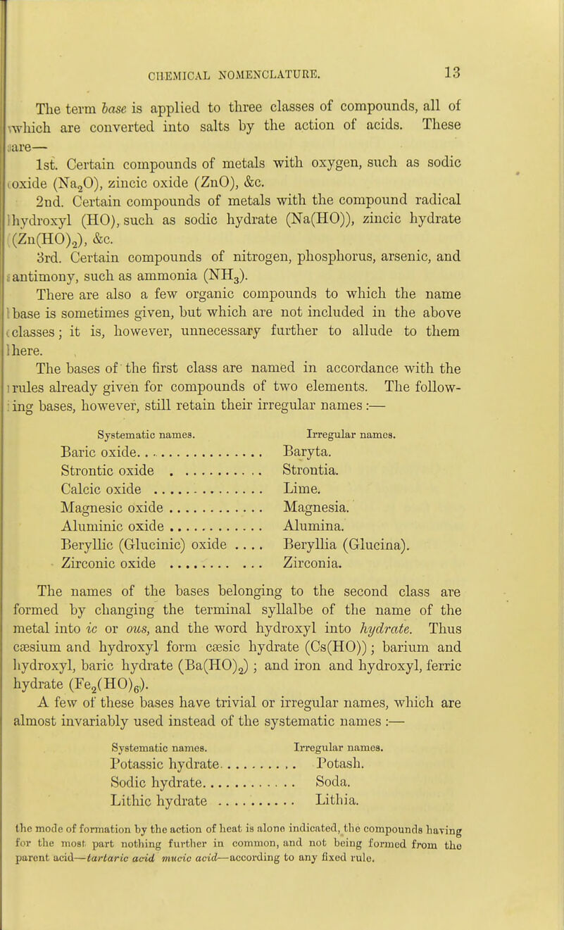 The term base is applied to three classes of compounds, all of which are converted into salts hy the action of acids. These gare— 1st. Certain compounds of metals with oxygen, such as sodic ioxide (Na20), zincic oxide (ZnO), &c. 2nd. Certain compounds of metals with the compound radical 1 hydroxyl (HO), such as sodic hydrate (Na(HO)), zincic hydrate (Zn(HO)2), &c. 3rd. Certain compounds of nitrogen, phosphorus, arsenic, and l antimony, such as ammonia (NH3). There are also a few organic compounds to which the name I base is sometimes given, but which are not included in the above (classes; it is, however, unnecessary further to allude to them there. The bases of the first class are named in accordance with the i rules already given for compounds of two elements. The follow- : ing bases, however, still retain their irregular names :— The names of the bases belonging to the second class are formed by changing the terminal syllalbe of the name of the metal into ic or ous, and the word hydroxyl into hydrate. Thus csesium and hydroxyl form caesic hydrate (Cs(HO)); barium and hydroxyl, baric hydrate (Ba(HO)2) ; and iron and hydroxyl, ferric hydrate (Fe2(HO)6,). A few of these bases have trivial or irregular names, which are almost invariably used instead of the systematic names :— Systematic names. Irregular names. Baric oxide.. Baryta. Strontic oxide Strontia. Calcic oxide Lime. Magnesic oxide Magnesia. Aluminic oxide Alumina. Beryllic (Glucinic) oxide .... Beryllia (Glucina). Zirconic oxide Zirconia. Systematic names. Potassic hydrate Irregular names. Sodic hydrate. Lithic hydrate Potash. Soda. Litliia. the mode of formation by the action of beat is alone indicated, the compounds having for the most part nothing further in common, and not being formed, from tbo parent acid—tartaric acid mucic acid—according to any fixed rule.