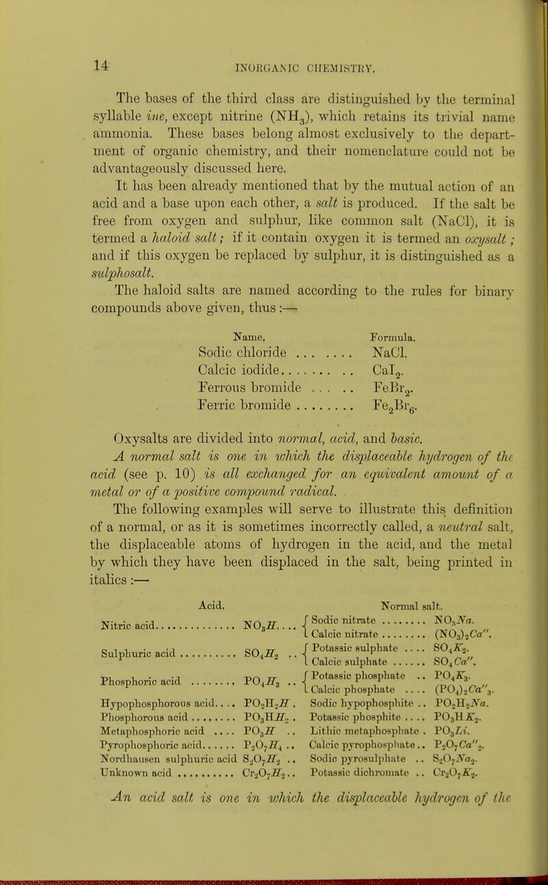 The bases of the third class are distinguished by the terminal syllable ine, except nitrine (NH3), which retains its trivial name ammonia. These bases belong almost exclusively to the depart- ment of organic chemistry, and their nomenclature could not be advantageously discussed here. It has been already mentioned that by the mutual action of an acid and a base upon each other, a salt is produced. If the salt be free from oxygen and sulphur, like common salt (NaCl), it is termed a haloid salt; if it contain oxygen it is termed an oxysalt; and if this oxygen be replaced by sulphur, it is distinguished as a sulphosalt. The haloid salts are named according to the rules for binary compounds above given, thus :— Name, Formula. Sodic chloride NaCl. Calcic iodide Cal2. Ferrous bromide FeBr2. Ferric bromide Fe2Br6. Oxysalts are divided into normal, acid, and basic, A normal salt is one in which the displaceable hydrogen of the acid (see p. 10) .is all exchanged, for an equivalent amount of a. metal or of a positive compound radical. The following examples will serve to illustrate this definition of a normal, or as it is sometimes incorrectly called, a neutral salt, the displaceable atoms of hydrogen in the acid, and the metal by which they have been displaced in the salt, being printed in italics:— Acid. Nitric acid. N03i2. Sulphuric acid S04jET2 • • Phosphoric acid VOiS3 .. Hypophosphorous acid.. .. P02H2iT. Phosphorous acid PC^HiZ;, . Metaphosphoric acid .... P03iZ .. Pyrophosphoric acid P207iT4 .. Nordhausen sulphuric acid S207iT2 .. Unknown acid Cr2072Z<}.. Normal J Sodic nitrate I Calcic nitrate J Potassic sulphate .. . I Calcic sulphate f Potassic phosphate . I Calcic phosphate ... Sodic hypophosphite . Potassic phosphite .. . Lithic nietaphosplmte Calcic pyrophosphate. Sodic pyrosulphate , Potassic dichromate . salt. . NCv^a. . (N03)3Ca . so4jt2. . S04Ca. . P042T3. . (P04)2Ca: . P02H2ATa. . P03HJT2. . P03Li. . P207Ca2. . S2072\7o2.* . Cr207AT2. An acid salt is one in which the displaceable hydrogen of the