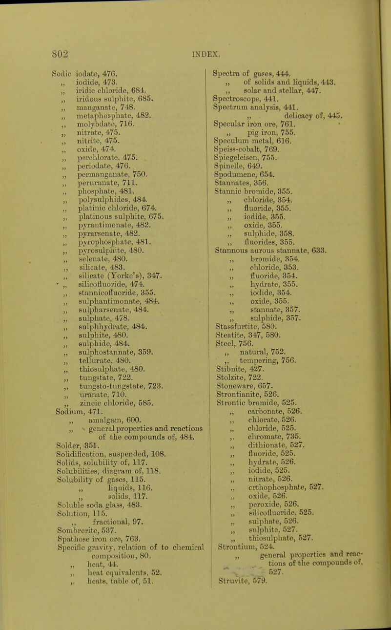 Sodic iodate, 47G. „ iodide, 473. „ iridic chloride, 681. „ iridous sulphite, 685. ,, manganate, 748. „ metapliosphato, 482. ,, molybdate, 716. „ nitrate, 475. „ nitrite, 475. „ oxide, 474. „ perchlorate, 475. ,, periodate, 476. „ permanganate, 750. ,, peruranate, 711. ,, phosphate, 481. ,, polysulphides, 484. „ platinic chloride, 674. ,, platinous sulphite, 675. ,, pyrantimonate, 482. „ pyrarsenate, 482. „ pyrophosphate, 481. ,, pyrosulphite, 480. „ selenate, 480. ,, silicate, 483. „ silicate (Yorke's), 347. ■ „ silicofluoride, 474. ,, stannicofluoride, 355. ,, sulphautinionate, 484. „ sulpharsenate, 484. ,, sulphate, 478. ,, sulphhydrate, 484. „ sulphite, 480. ,, sulphide, 484. „ sulphostannate, 359. „ tellurate, 480. „ thiosulphate, 480. „ tungstate, 722. ,, tungsto-tungstate, 723. „ uranate, 710. ,, zincic chloride, 585. Sodium, 471. „ amalgam, 600. „ » general properties and reactions of the compouiids of, 484. Solder, 351. Solidification, suspended, 108. Solids, solubility of, 117. Solubilities, diagram of, 118. Solubility of gases, 115. „ liquids, 116. ,, solids, 117. Soluble soda glass, 483. Solution, 115. fractional, 97. Sombrerite, 537. Spathose iron ore, 763. Specific gravity, relation of to chemical composition, 80, „ heat, 44. ,, heat equivalents, 52. ,, heats, table of, 51. Spectra of gases, 444. „ of solids and liquids, 443. ,, solar and stellar, 447. Spectroscope, 441. Spectrum analysis, 441. „ delicacy of, 445. Specular iron ore, 761. „ pig iron, 755. Speculum metal, 616. Speiss-cobalt, 769. Spiegeleisen, 755. I Spinelle, 649. ! Spodumene, 654. Stannates, 356. Stannic bromide, 355. „ chloride, 354. ,, fluoride, 355. „ iodide, 355. „ oxide, 355. ,, sulphide, 358. „ fluorides, 355. Stannous aurous stannate, 633. „ bromide, 354. „ chloride, 353. „ fluoride, 354. „ hydrate, 355. „ iodide, 354. ,, oxide, 355. „ stannate, 357. „ sulphide, 357. Stassfurtite, 580. Steatite, 347, 580. Steel, 756. „ natural, 752. ,, tempering, 756. Stibnite, 427. Stolzite, 722. Stoneware, 657- Strontianite, 526. Strontic bromide, 525. „ carbonate, 526. ,, chlorate, 526. „ chloride, 525. ,, chromate, 735. „ dithionate, 527. „ fluoride, 525. ,, hydrate, 526. ,, iodide, 525. „ nitrate, 526. „ crthophosphate, 527. ., oxide, 526. „ peroxide, 526. „ silicofluoride, 525. „ sulphate, 526. „ sulphite, 527. „ thiosulphate, 527. Strontium, 524. „ general properties and reac- tions of the compounds of. 527. Struvite, 579.