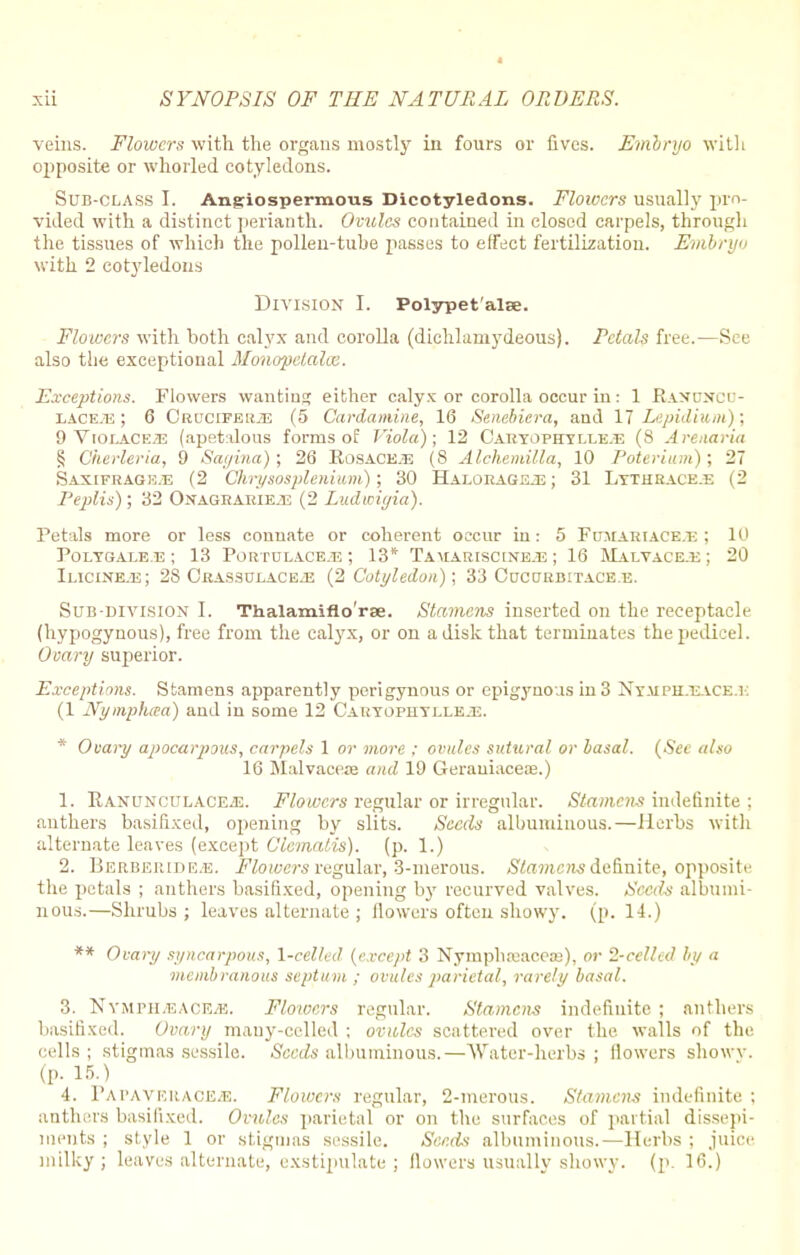 veins. Flowers with the organs mostly in fours or fives. Embryo with opposite or whorled cotyledons. Sub-class I. Angiospermous Dicotyledons. Flowers usually pro- vided with a distinct perianth. Ovules contained in closed carpels, through the tissues of which the pollen-tuhe passes to effect fertilization. Embryo with 2 cotyledons Division I. Polypet'alEe. Flowers with both calyx and corolla (diehlamydeous). Petals free.—See also the exceptional Monopetaloz. Exceptions. Flowers wanting either calyx or corolla occur in: 1 Randxcc- LACE.T3; 6 Crucifer.^ (5 Cardamine, 16 Senebiera, and 17 Lepidium); 9 Violace/E (apetalous forms of Viola); 12 Caryophylle.e (8 Areaaria § Cherleria, 9 Sayina) ; 26 Rosace.33 (8 Alchemilla, 10 Poterium); 27 Saxifrage/E (2 Chrysosplenium); 30 Haloragejs; 31 Lythrace.e (2 Peplis); 32 Onagrarie.e (2 Ludwiyia). Petals more or less connate or coherent occur in: 5 FcntARtACE.'E; 10 POLYGALE.E J 13 PORTULACEJE ; 13* TAMARISCLNE.E ; 16 MaLVACE_E ; 20 Ilicixejj; 28 Crassulace.e (2 Cotyledon); 33 Cocurbitace.e. Sub-division I. Thalamiflo'rae. Stamens inserted on the receptacle (hypogynous), free from the calyx, or on a disk that terminates the pedicel. Ovary superior. Exceptions. Stamens apparently perigynous or epigynovis in 3 Ntmph/eace.i-: (1 Nymphaa) and in some 12 Caryopiiylleje. * Ovary apocarpous, carpels 1 or more ; ovules sutural or basal. (Sec also 16 Malvaceae and 19 Geraniaceoe.) 1. Rajtunculacejs. flower* regular or irregular. Stamens indefinite ; anthers basifixed, opening by slits. Seeds albuminous.—Herbs with alternate leaves (except Clematis), (p. 1.) 2. Berheiudr.e. Flowers regular, 3-raerous. Stamens definite, opposite the petals ; anthers basifixed, opening by recurved valves. Seeds albumi- nous.—Shrubs; leaves alternate ; flowers often showy, (p. 14.) ** Ovary syncarpous, \-celled (except 3 Nymphaiaceaj), or 2-cellcd by a membranous septum ; ovules parietal, rarely basal. 3. Nvmpii.eace.'E. Flowers regular. Stamens indefinite. ; anthers basifixed. Ovary many-celled : ovules scattered over the walls of the cells; stigmas sessile. Seeds albuminous.—Water-herb3 ; flowers showy, (p. 15.) 4. PapavEr ace.e. Flowers regular, 2-merous. Stamens indefinite ; anthers basifixed. Ovules parietal or on the surfaces of partial dissepi- ments ; style 1 or stigmas sessile. Seeds albuminous.—Herbs ; juice milky; leaves alternate, exstipulate ; flowers usually showy, (p. 16.)