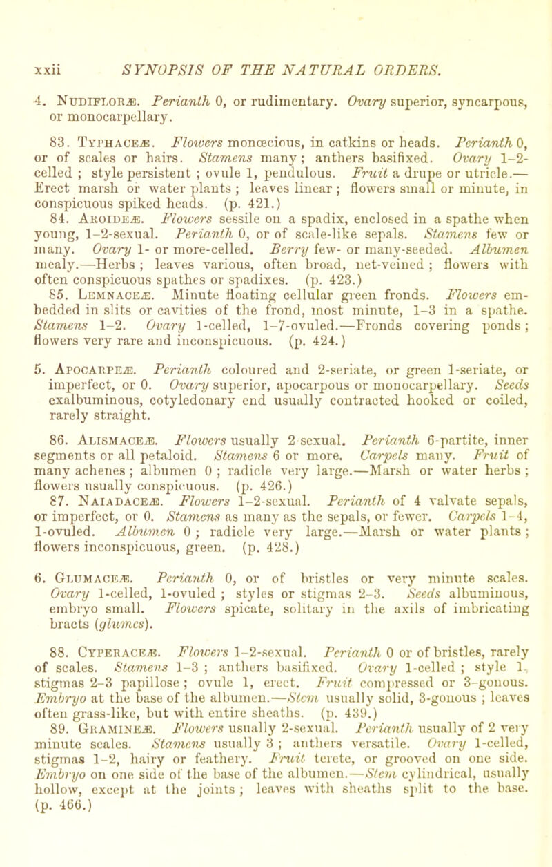 4. NudifloRjE. Perianth 0, or rudimentary. Ovary superior, syncarpous, or monocarpellary. 83. Typhaceje. Flowers monoecious, in catkins or heads. PerianthO, or of scales or hairs. Stamens many; anthers basifixed. Ovary 1-2- celled ; style persistent ; ovule 1, pendulous. Fruit a drupe or utricle.— Erect marsh or water plants ; leaves linear ; flowers small or minute, in conspicuous spiked heads, (p. 421.) 84. AroidEjE. Flowers sessile on a spadix, enclosed in a spathe when young, 1-2-sexual. Perianth 0, or of scale-like sepals. Stamens few or many. Ovary 1- or more-celled. Berry few- or many-seeded. Albumen mealy.—Herbs ; leaves various, often broad, net-veined ; flowers with often conspicuous spathes or spadixes. (p. 423.) 85. Lemnace^e. Minute floating cellular green fronds. Flowers em- bedded in slits or cavities of the frond, most minute, 1-3 in a spathe. Stamens 1-2. Ova,ry 1-celled, 1-7-ovuled.—Fronds covering ponds ; flowers very rare and inconspicuous, (p. 424.) 5. Apocarpeje. Perianth coloured and 2-seriate, or green 1-seriate, or imperfect, or 0. Ovary superior, apocarpous or monocarpellary. Seeds exalbuminous, cotyledonary end usually contracted hooked or coiled, rarely straight. 86. Alismace^e. Flowers usually 2-sexual. Perianth 6-partite, inner segments or all petaloid. Sta7nens 6 or more. Carpels many. Fruit of many achenes ; albumen 0 ; radicle very large.—Marsh or water herbs ; flowers usually conspicuous, (p. 426.) 87. Naiadacejs. Flowers 1-2-sexual. Perianth of 4 valvate sepals, or imperfect, or 0. Stamens as many as the sepals, or fewer. Carpels 1-4, 1-ovuled. Albumen 0 ; radicle very large.—Marsh or water plants ; flowers inconspicuous, green, (p. 428.) 6. Glumaceje. Perianth 0, or of bristles or very minute scales. Ovary 1-celled, 1-ovuled ; styles or stigmas 2-3. Seeds albuminous, embryo small. Flowers spicate, solitary in the axils of imbricating bracts (glumes). 88. Cyperacezs. Flowers 1-2-sexual. Perianth 0 or of bristles, rarely of scales. Stamens 1-3 ; anthers basifixed. Ovary 1-celled ; style 1.. stigmas 2-3 papillose ; ovule 1, erect. Fruit compressed or 3-gonous. Embryo at the base of the albumen.—Stem usually solid, 3-gonous ; leaves often grass-like, but with entire sheaths, (p. 439.) 89. GKAM1NEJ3. Flowers usually 2-sexual. Permnth usually of 2 very minute scales. Stamens usually 3 ; anthers versatile. Ovary 1-celled, stigmas 1-2, hairy or feathery. Fruit terete, or grooved on one side. Embryo on one side of the base of the albumen.—Stem cylindrical, usually hollow, except at the joints ; leaves with sheaths split to the base, (p. 466.)