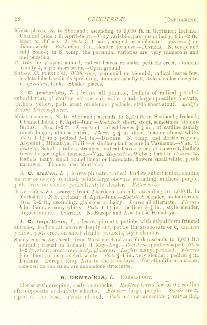 Moist places, N. to Shetland; ascending to 3,000 ft. in Scotland; Ireland ; Channel Islds.; fl. April-Sept.—Very variable,glabrous or hairy, 6in.-2 ft., erect or diffuse. Leaflets 3-0 pairs, angled or sublobate. Flowers g in. diam., white. Pods about 1 in., slender, torulose.—Distrib. N. temp, and cold zones ; in S. temp, the perennial varieties are very numerous and and puzzling. C. hirsu'ta proper; annual, radical leaves rosulate, pedicels erect, stamens usually 4, style short stout.—Opsu ground. Sub-sp. C. flexuo'sa, Withering; perennial or biennial, radical leaves few, leaflets lobed, pedicels spreading, stamens usually (3, style slender elongate. C, sylvat'ica, Link.—Shaded places. 2. C. praten'sis, L. ; leaves all pinnate, leaflets of radical petioled suborbicular, of cauline narrow subsessile, petals large spreading obovate, anthers yellow, pods erect on slender pedicels, style short stout. Lady's 8m ock, Cuckoo-flower. Moist meadows, N. to Shetland ; ascends to 3,200 ft. in Scotland ; Ireland ; Channel Islds. ; fl. April-June.—Rootstock short, stout, sometimes stoloni- ferous. Stem 1-2 ft. Leajlets of radical leaves in.; of cauliue usually much longer, almost entire. Flower i-f in. dium., lilac or almost white. Pods 1-H in ; pedicel h-l in.—DlSTRIB. N. temp, and Arctic regions, Abyssinia, Himalaya, Chili.—A similar plant occurs in Tasmania.—Var. C. denta'ta, Schult.; taller, stronger, radical leaves erect or suberect, leaflets fewer larger angled toothed,—Var. Haynea'na,Welw.; habit of C. hirsu'ta, leaflets many small round linear or lanceolate, flowers small white, petals narrower. Thames near Mortlake. 3. C. ama'ra, L. ; leaves pinnate, radical leaflets suborbicular, cauline narrow or deeply toothed, petals large obovate spreading, anthers purple, pods erect ou slender pedicels, style slender. Filler cress. River-sides, &c, scarce ; from Aberdeen southd,, ascending to 1,000 ft. in Yorkshire; N.E. Ireland; 11. April-June.—Rootstock slender, stolouiferous. Stem 1-2 ft., ascending, glabrous or hairy. Leaves all alternate. Flowers § in. diam., creamy white. Pods in,; pedicel in. ; style slender, stigma minute.—Distrib. N. Europe and Asia to the Himalaya. 4. C. impa'tiens, L. ; leaves pinnate, petiole with stipuliform fringed auricles, leaflets all narrow deeply cut, petals linear-obov.tte or 0, anthers yellow, pods erect on short slender pedicels, style slender. Shady copses, &c, local; from 'Westmoreland and York (asceuds to 1,000 ft.) southd.; casual in Ireland; fl. May-Aug.—Rootstock spindle-shaped. Stem 1-2 ft., stout, erect, very leafy, glabrous. Leajlets many, petioled. Flowers J in. diam.. often panicled, white. Pods J-l in., very slender; pedicel J in. Distrib. Europe, temp. Asia to the Himalaya. -The stipuliform auricles, reflexed on the stem, are auomalous structures. 6. DENTA'RIA, L. CORAL-KOOT. Herbs witli creeping, scaly rootstocks. Radical leaves few or 0 ; cauline often opposite or 3-nately whorled. Flowers large, purple. Sopals erect, equal at the base. Petals clawed. Rods narrow-lanceolate ; valves flat,