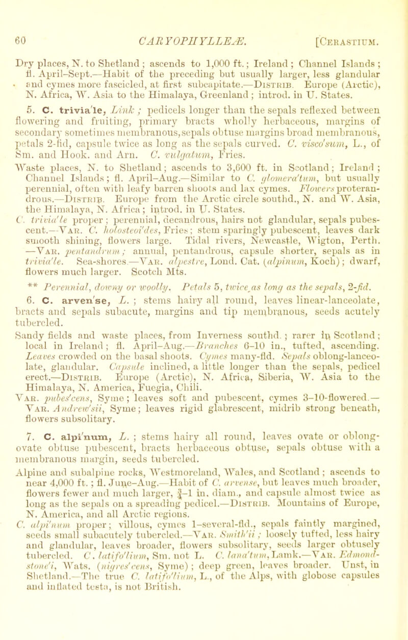 Dry places, N. to Shetland ; ascends to 1,000 ft.; Ireland ; Channel Islands ; fl. April-Sept.—Habit of the preceding but usually larger, less glandular ■ i>nd cymes more fascicled, at first subcapitate.—Disthib. Europe (Arctic), N. Africa, W. Asia to the Himalaya, Greenland ; introd. in U. States. 5. C. trivia'le, Link ; pedicels longer than the sepals reflexed between flowering and fruiting, primary bracts wholly herbaceous, margins of secondary sometimes membranous,sepals obtuse margins broad membranous, petals 2-fid, capsule twice as long as the sepals curved. C. visa/sum, L., of Sm. and Hook, and Am. C. vulgatum, Fries. Waste places, N. to Shetland; ascends to 3,GOO ft. in Scotland ; Ireland ; Channel Islands; fl. April-Aug.— Similar to C. cjlomera'tum, but usually perennial, often with leafy barren shoots aud lax cymes. Flowersproteran- drous.—Disthib. Europe from the Arctic circle southd., N. and W. Asia, the Himalaya, N. Africa; introd. in U. States. C. trivia'le proper; perennial, decandrous, hairs not glandular, sepals pubes- cent.—Vab. C. holosteoi'des, Fries; stem sparingly pubescent, leaves dark smooth shining, flowers large. Tidal rivers, Newcastle, Wigton, Perth. —Yah. pentandrum; annual, pentandrous, capsule shorter, sepals as in trivia'le. Sea-shores.—Yah. alpestre, Loud. Cat. (alpinum, Koch); dwarf, flowers much larger. Scotch Bits. ** Perennial, downy or woolly. Petals 5, tvriceras long as the sepals, 2-Jid. 6. C. arven'se, L. ; stems hairy all round, leaves linear-lanceolate. bracts and sepals subacute, margins and tip membranous, seeds acutely tubereled. Sandy fields and waste places, from Inverness southd. ; rarer in. Scotland ; local in Ireland ; fl. April-Aug.—Branches 6-10 in., tufted, ascending. Leaves crowded on the basal shoots. Cymes many-fid. Sepals oblong-lanceo- late, glandular. Capsule inclined, a little longer than the sepals, pedicel erect.—Disthib. Europe (Arctic), N. Africa, Siberia, W. Asia to the Himalaya, N. America, Fuegia, Chili. Vab. puhes'cens, Syme ; leaves soft and pubescent, cymes 3-10-flowered — Vau. Andrew'sii, Syme; leaves rigid glabrescent, midrib strong beneath, flowers subsolitary. 7. C. alpi'ivum, L. ; stems hairy all round, leaves ovate or oblong- ovate obtuse pubescent, bracts herbaceous obtuse, sepals obtuse with a membranous margin, seeds tubereled. Alpine aud subalpiue rocks, Westmoreland, Wales, aud Scotland ; ascends to near 4,000 ft. ; fl. Junc-Aug.—Habit of C. arvense, but leaves much broader, flowers fewer and much larger, |-1 in. diam., and capsule almost twice as long as the sepals on a spreading pedicel.—Distuib. Mountains of Europe, N. America, and all Arctic regions. C. alpi'num proper; villous, cymes 1-several-fld., sepals faintly margined, seeds small subacutely tubereled. Yak. Smith'ii : loosely tufted, less hairy and glandular, leaves broader, flowers subsolitary, seeds larger obtusely tubereled. C. latifo'liwm, Sm. not L. C. lana'tum,Lamk.—Vab. Edmond- stone'i, Wats, {iiigres1 cens, Syme); deep green, leaves broader. Unst, in Shetland.—The true C. latifo'lium, L., of the Alps, with globose capsules and inflated fcestn, is not British.